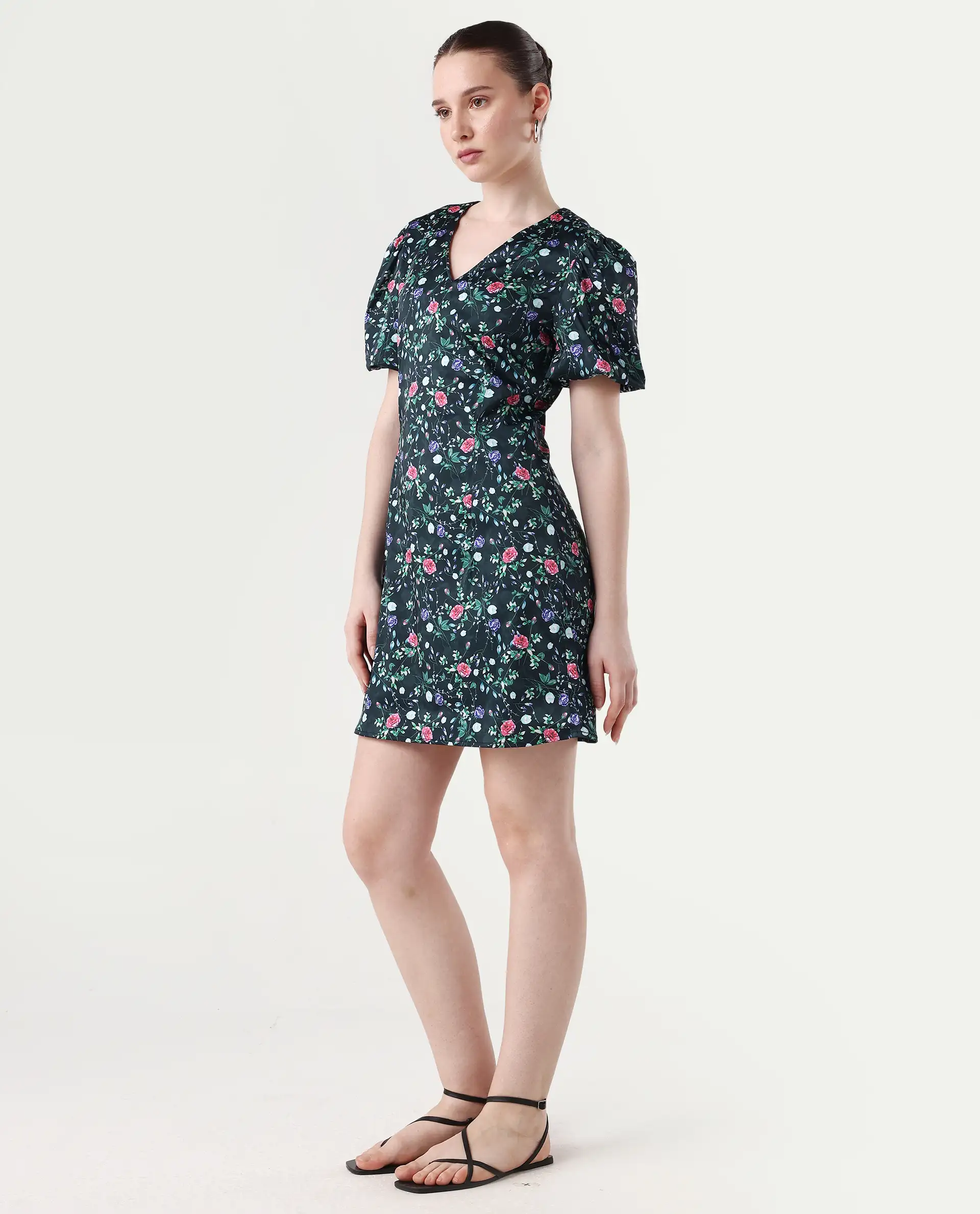 Rareism Women's Diego Navy Modal Blend V-Neck Floral Print Puff Sleeves Midi Slim Fit Dress - Image 3