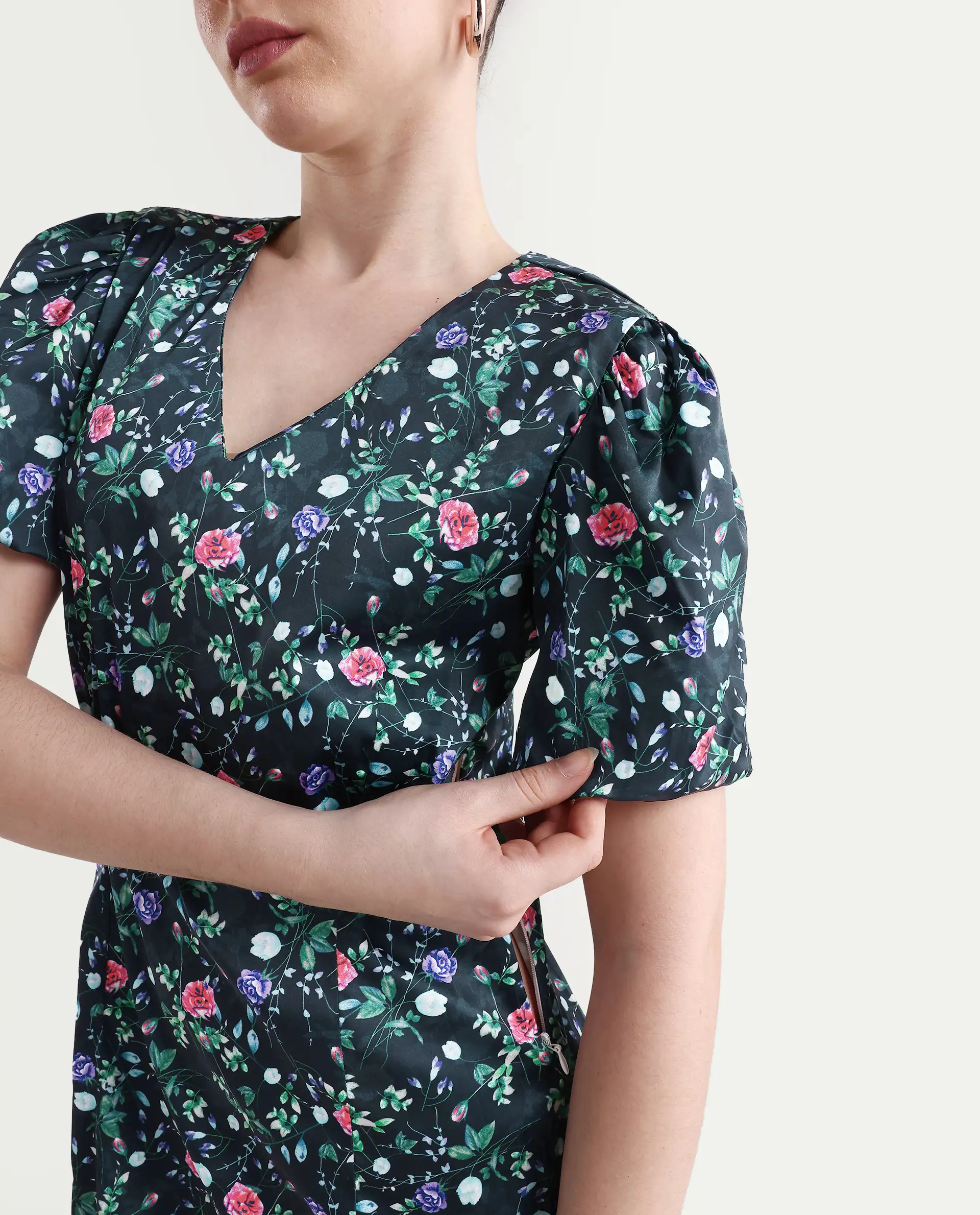 Rareism Women's Diego Navy Modal Blend V-Neck Floral Print Puff Sleeves Midi Slim Fit Dress - Image 4