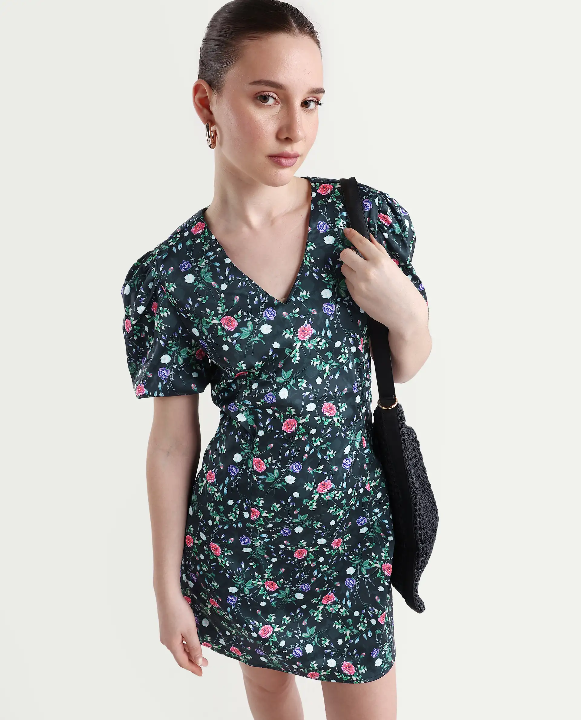Rareism Women's Diego Navy Modal Blend V-Neck Floral Print Puff Sleeves Midi Slim Fit Dress - Image 5