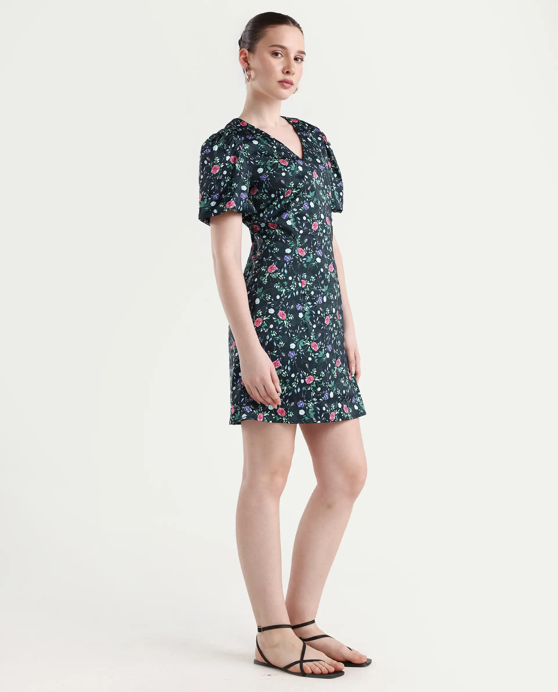 Rareism Women's Diego Navy Modal Blend V-Neck Floral Print Puff Sleeves Midi Slim Fit Dress - Image 6