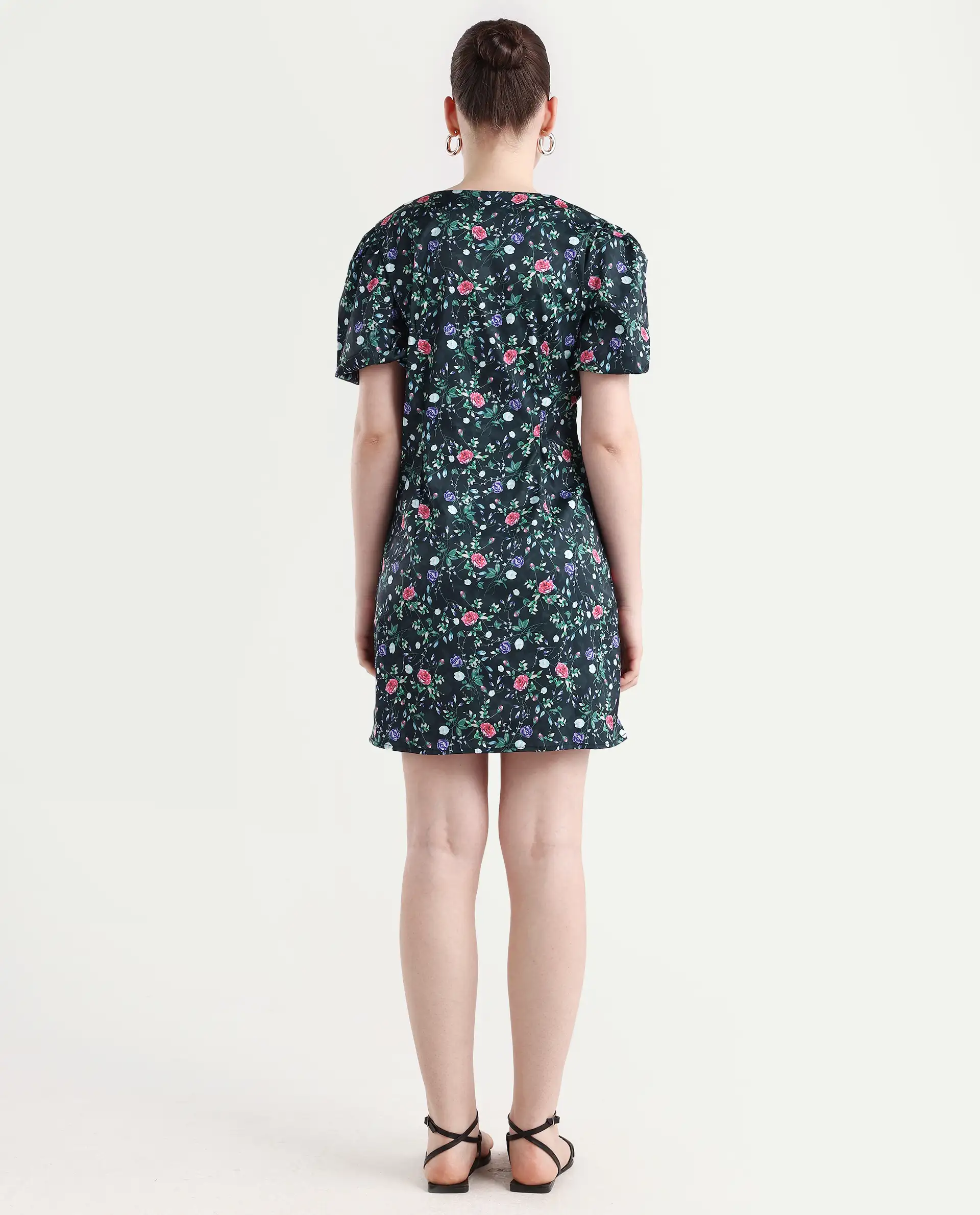 Rareism Women's Diego Navy Modal Blend V-Neck Floral Print Puff Sleeves Midi Slim Fit Dress - Image 7