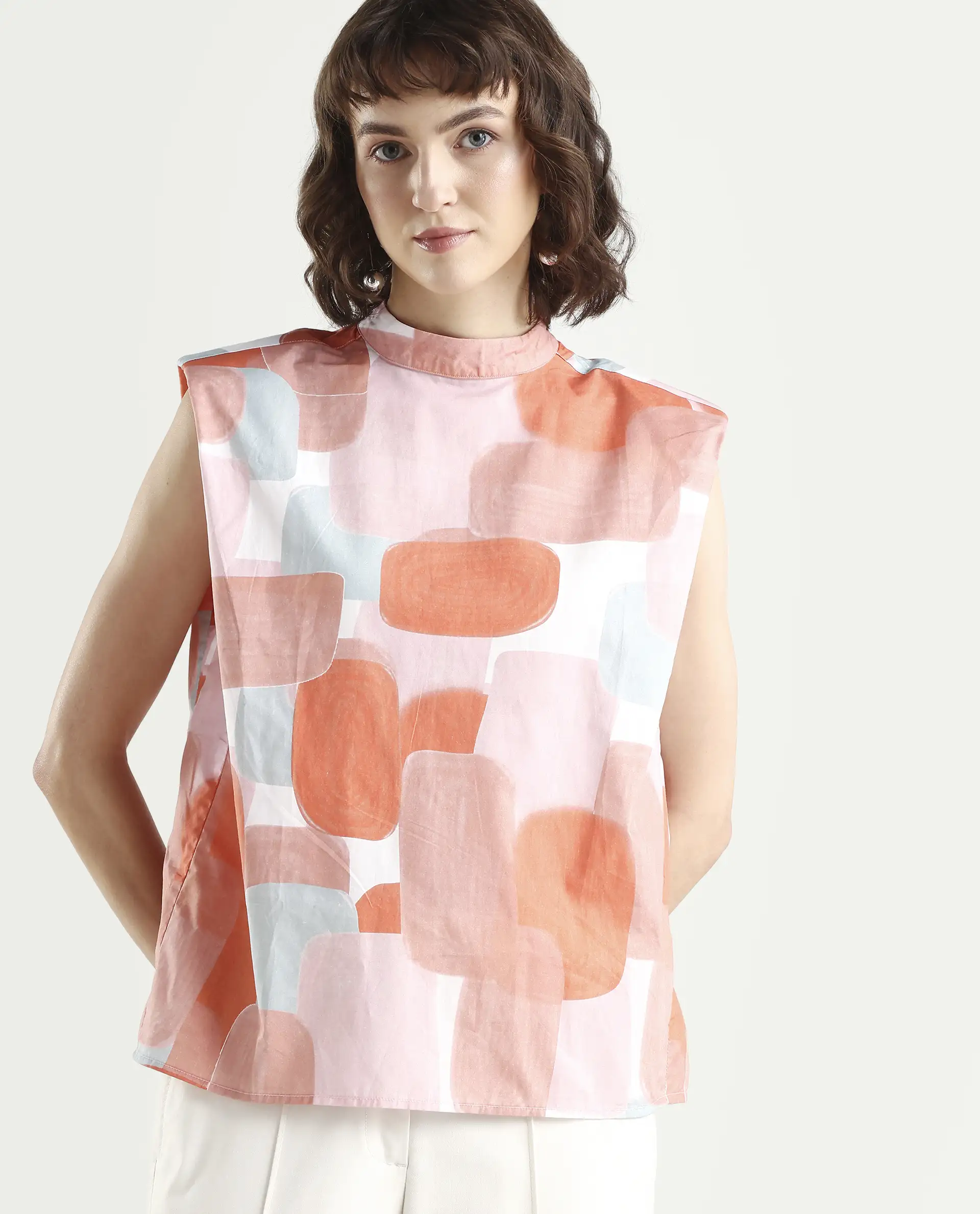 Rareism Women's Diegon Peach High Neck Abstract Print Sleeveless Regular Fit Top