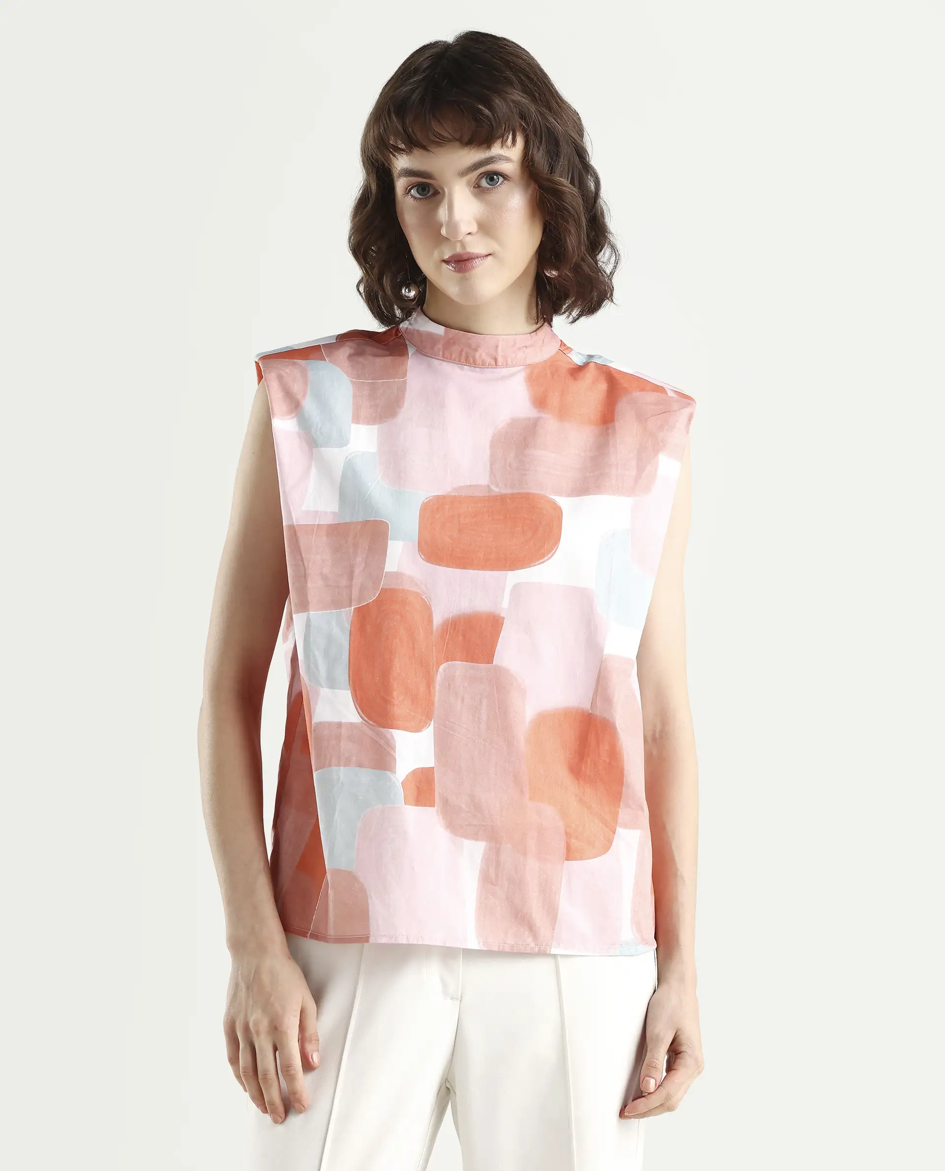 Rareism Women's Diegon Peach High Neck Abstract Print Sleeveless Regular Fit Top - Image 3