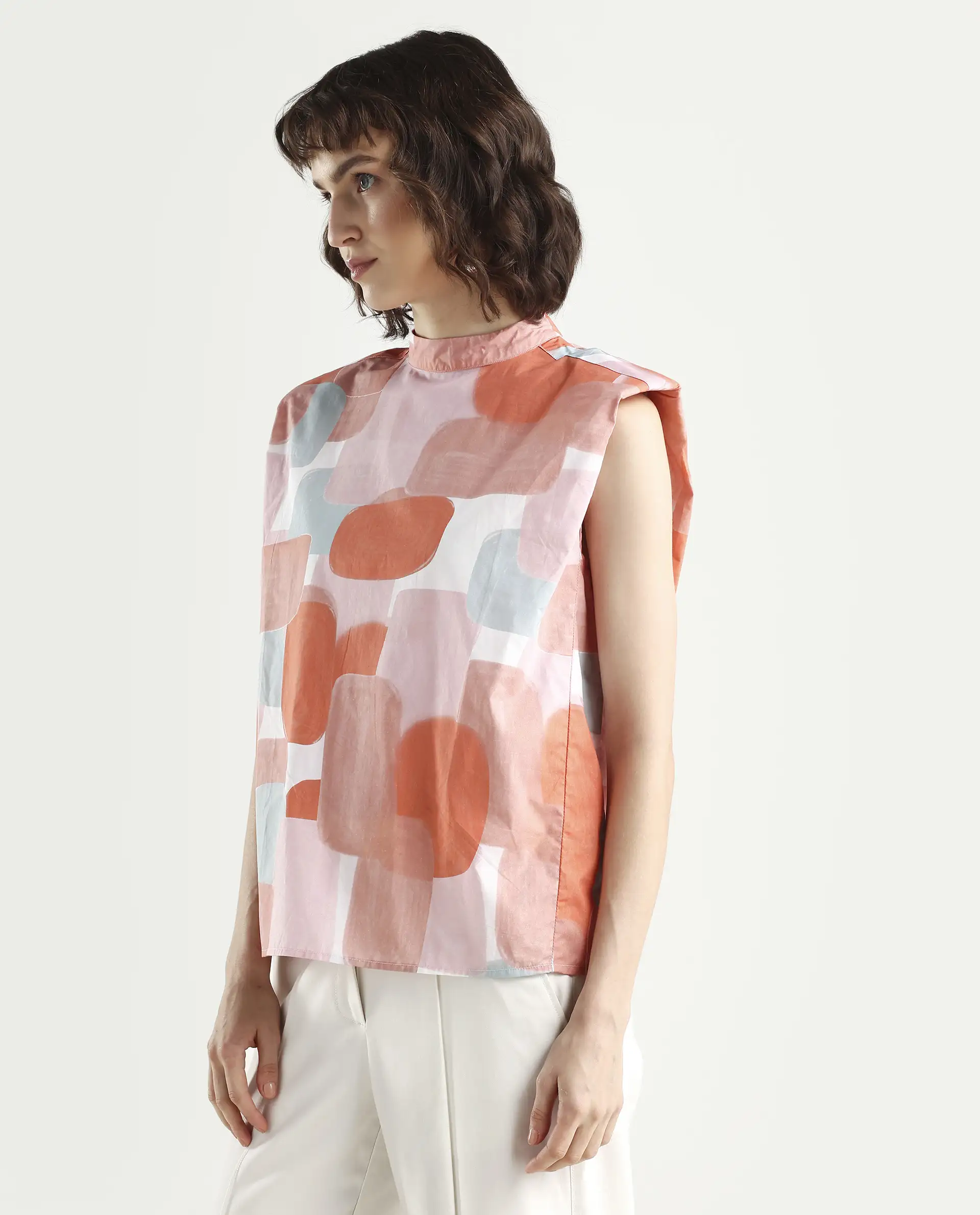 Rareism Women's Diegon Peach High Neck Abstract Print Sleeveless Regular Fit Top - Image 5