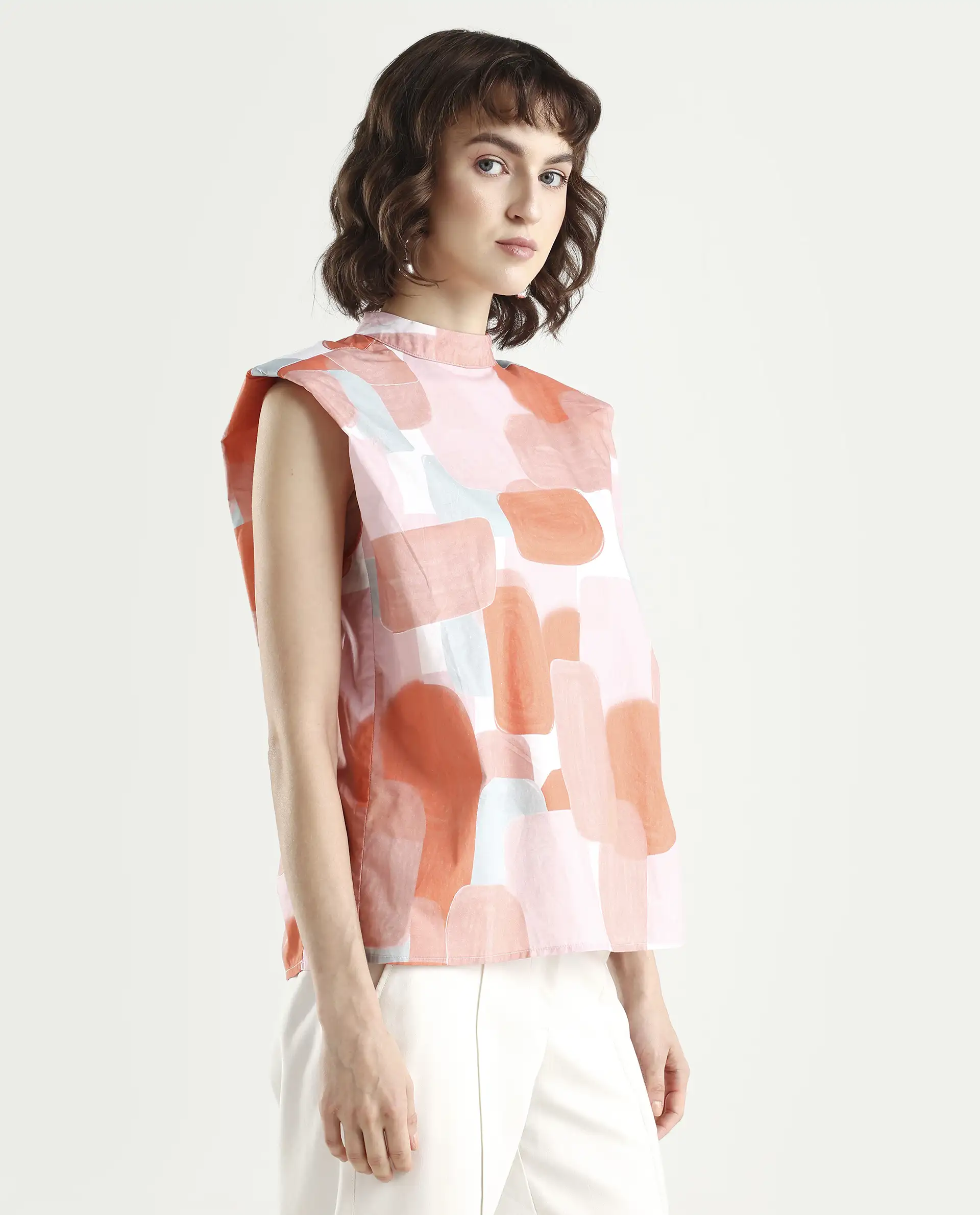 Rareism Women's Diegon Peach High Neck Abstract Print Sleeveless Regular Fit Top - Image 6