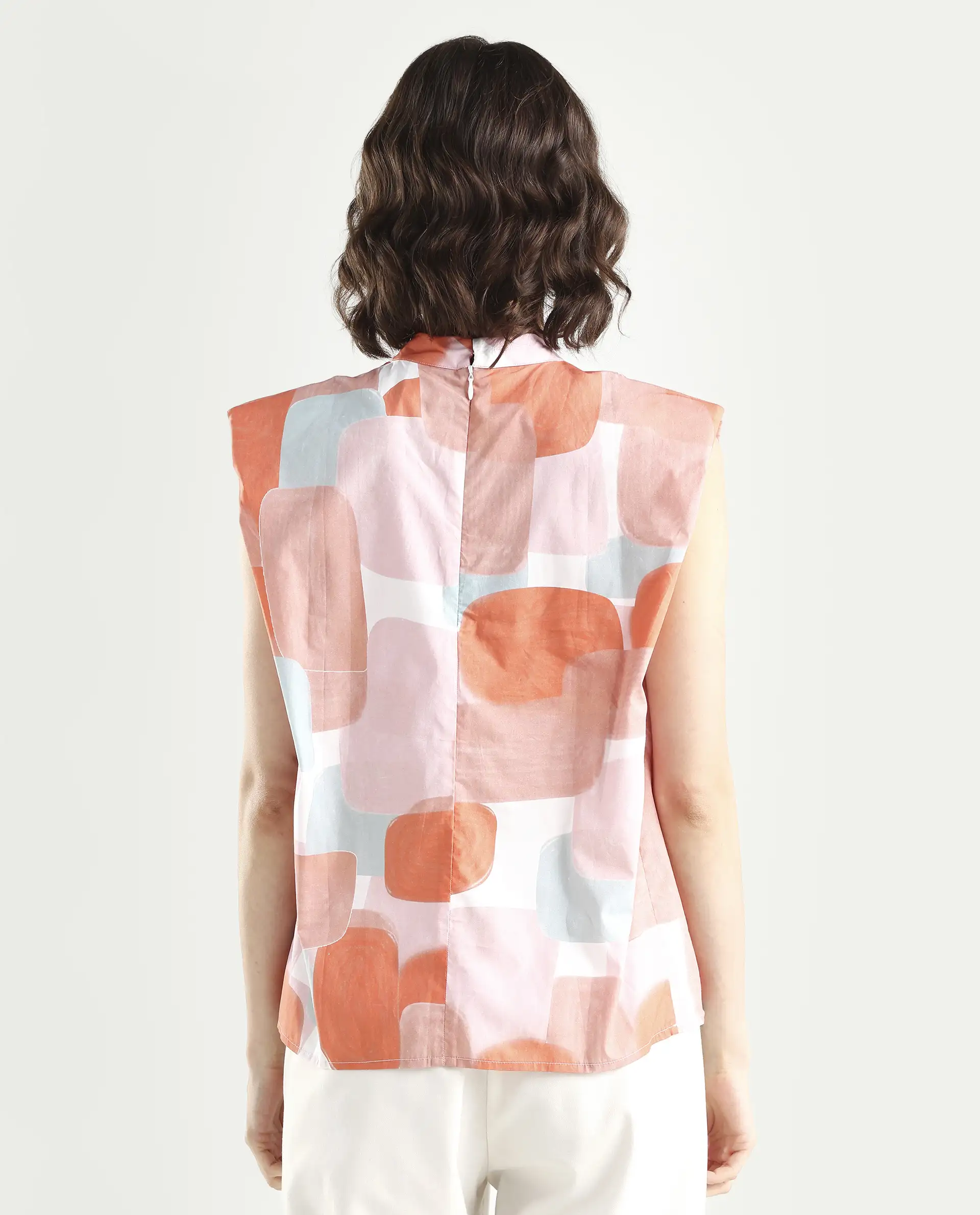 Rareism Women's Diegon Peach High Neck Abstract Print Sleeveless Regular Fit Top - Image 7