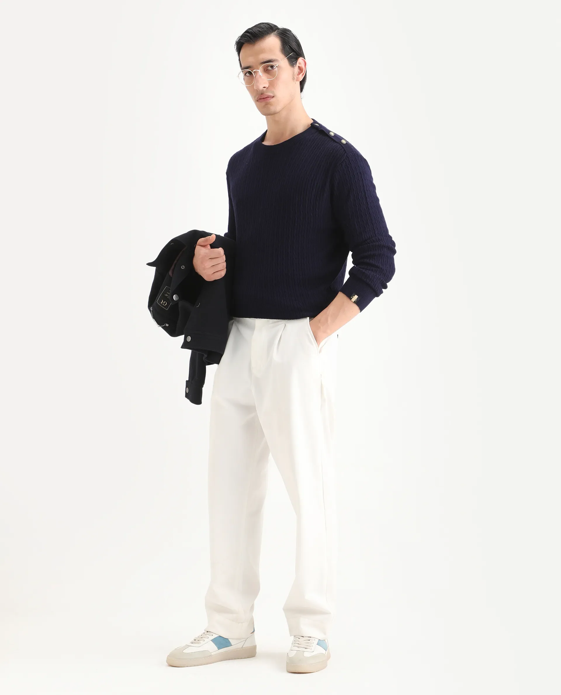 Rare Rabbit Men's Diem Navy Viscose Plain Relaxed Fit Full Sleeve Crew Neck Sweater - Image 2