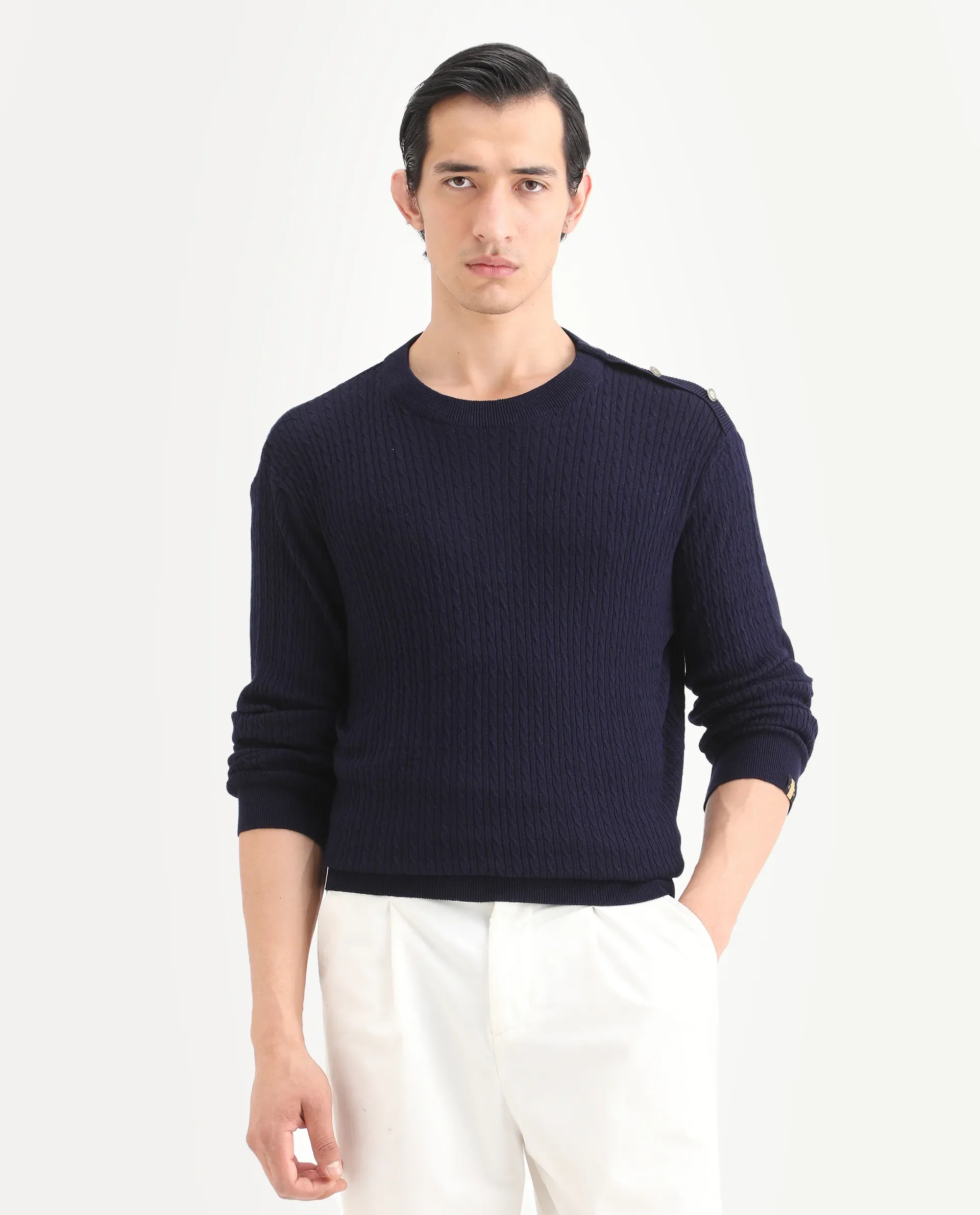 Rare Rabbit Men's Diem Navy Viscose Plain Relaxed Fit Full Sleeve Crew Neck Sweater - Image 3