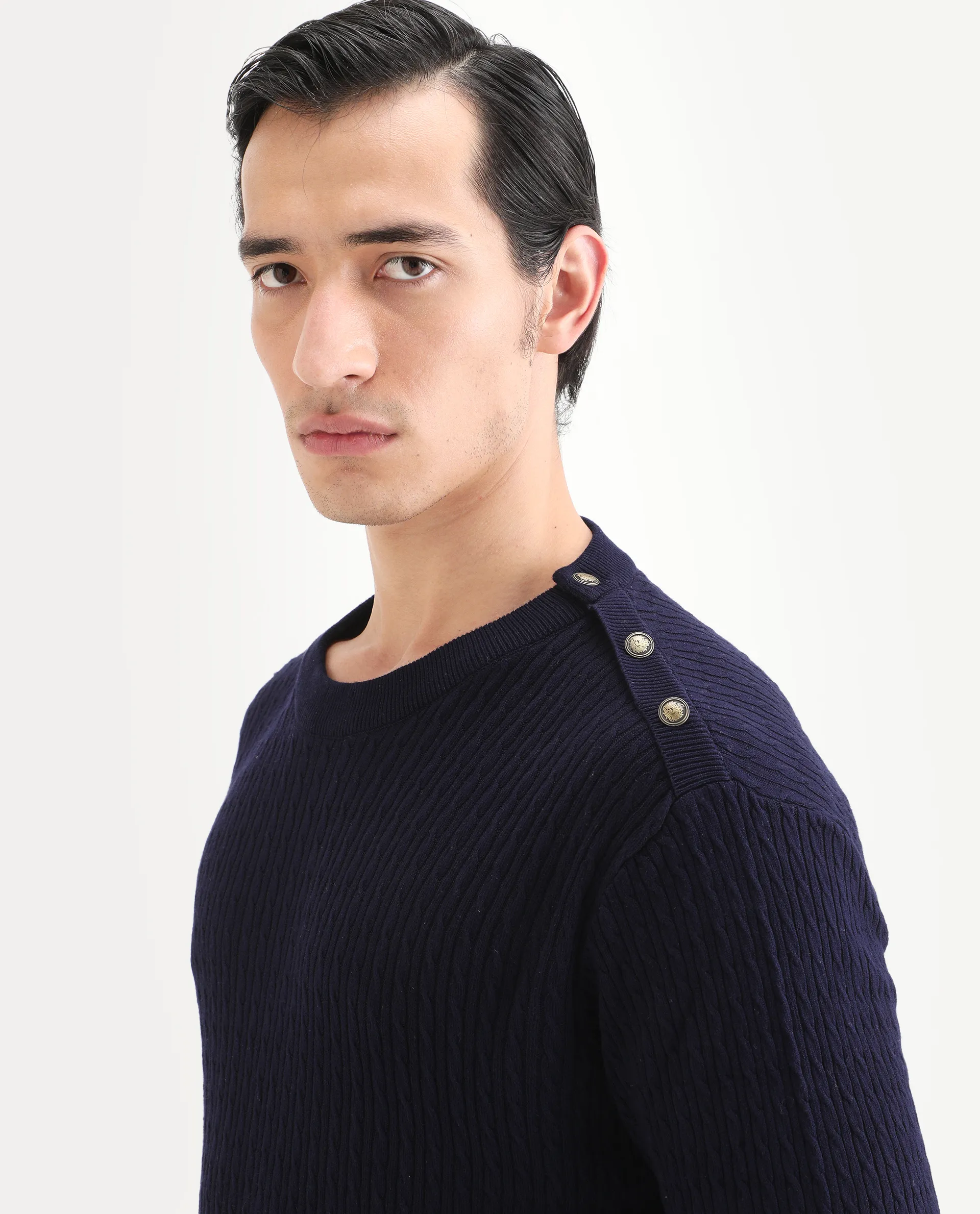 Rare Rabbit Men's Diem Navy Viscose Plain Relaxed Fit Full Sleeve Crew Neck Sweater - Image 4