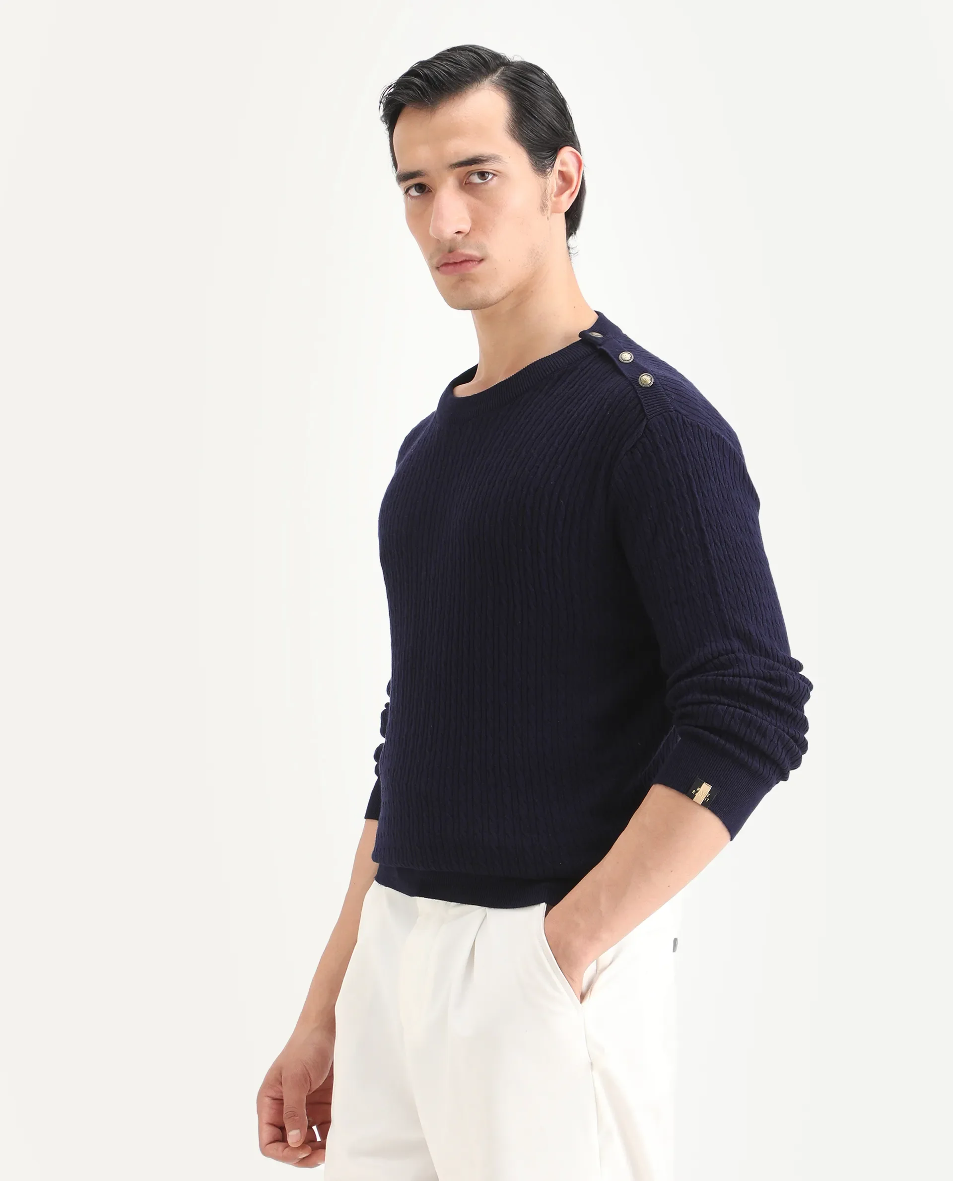 Rare Rabbit Men's Diem Navy Viscose Plain Relaxed Fit Full Sleeve Crew Neck Sweater - Image 5