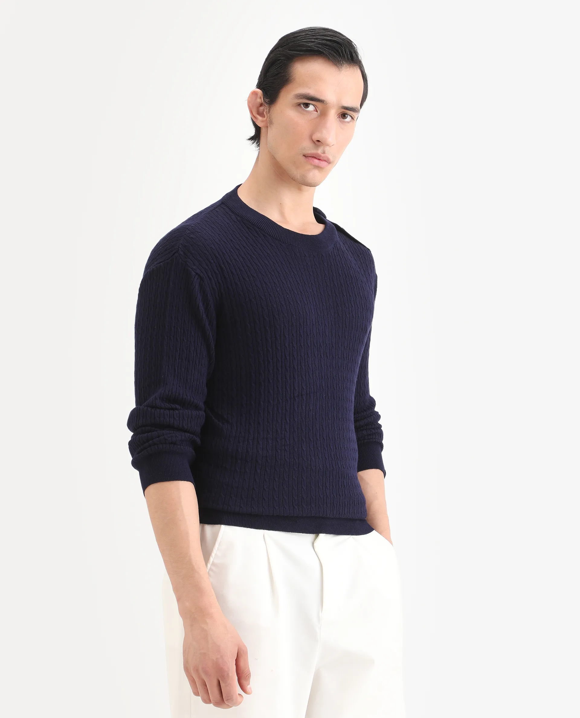 Rare Rabbit Men's Diem Navy Viscose Plain Relaxed Fit Full Sleeve Crew Neck Sweater - Image 6