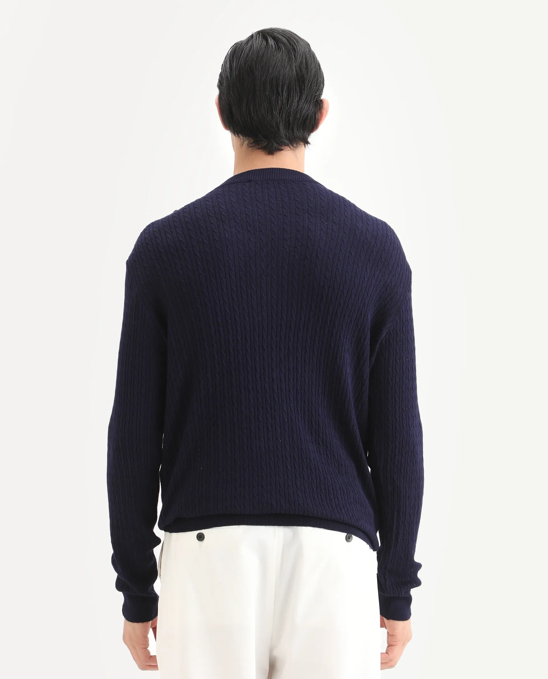 Rare Rabbit Men's Diem Navy Viscose Plain Relaxed Fit Full Sleeve Crew Neck Sweater - Image 7