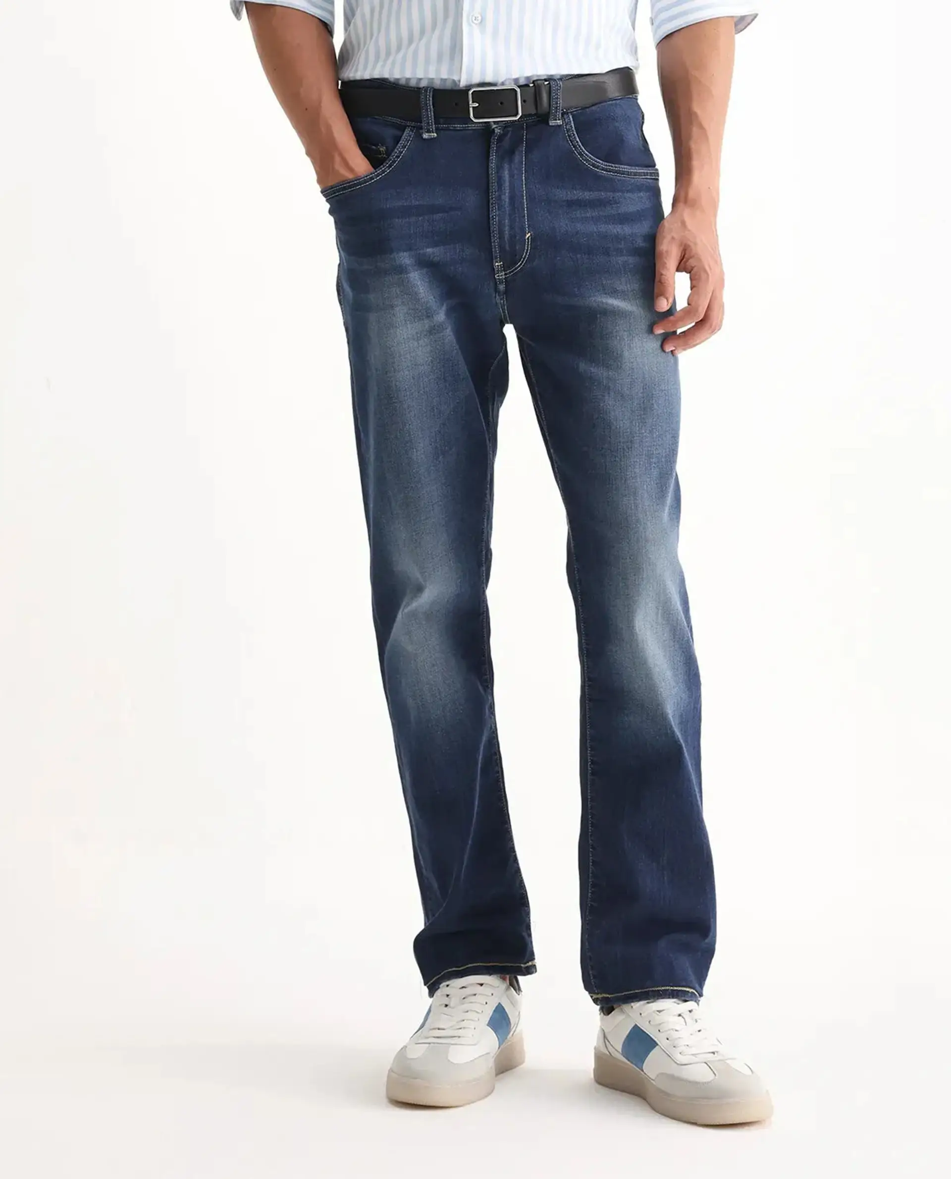 Rare Rabbit Men's Dieme Blue Cotton Plain Morris Regular Fit Jeans - Image 10