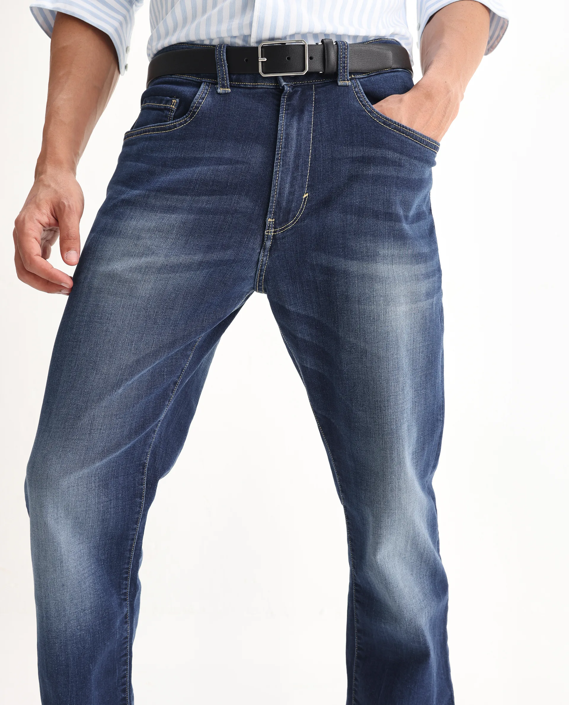 Rare Rabbit Men's Dieme Blue Cotton Plain Morris Regular Fit Jeans - Image 2