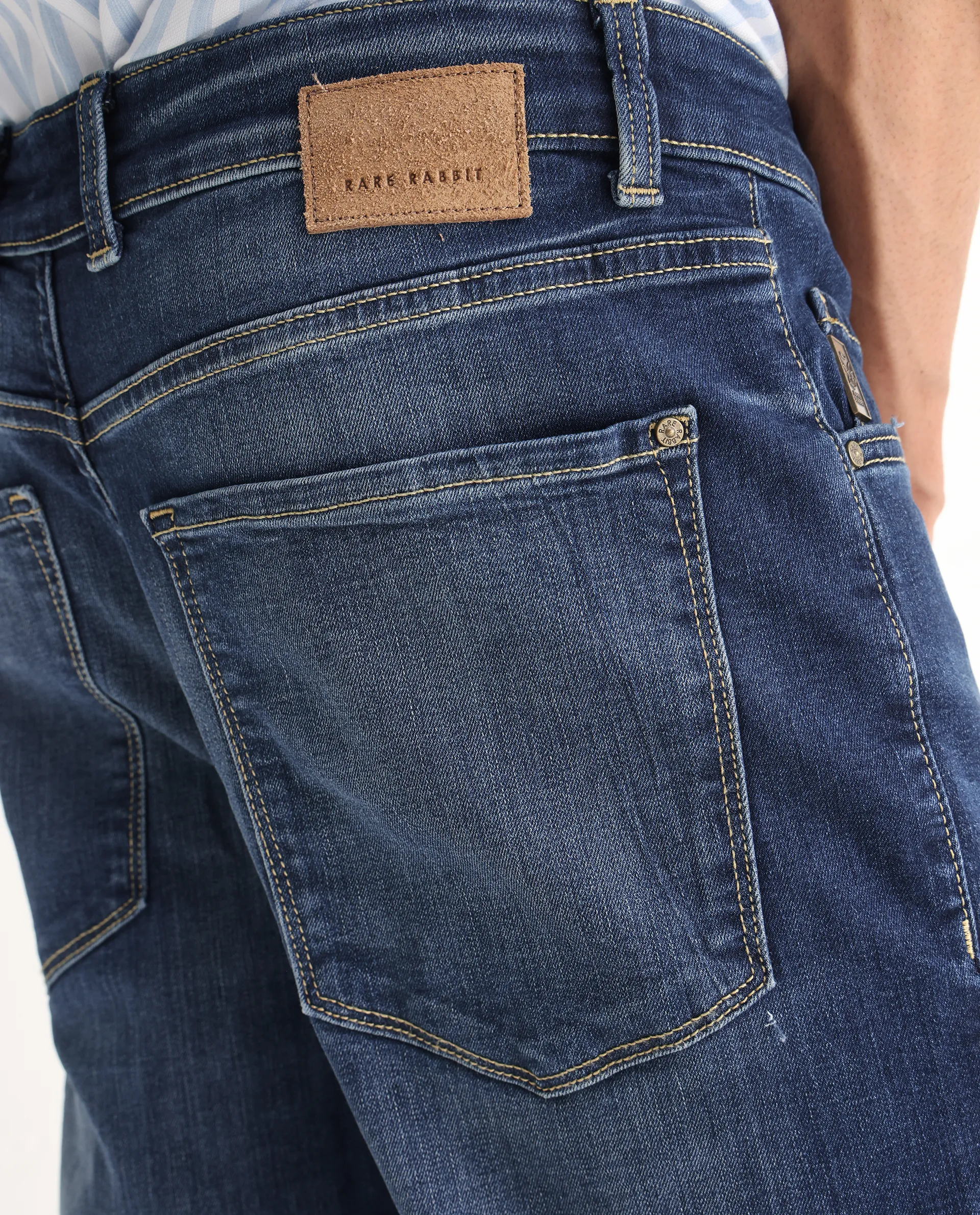 Rare Rabbit Men's Dieme Blue Cotton Plain Morris Regular Fit Jeans - Image 6