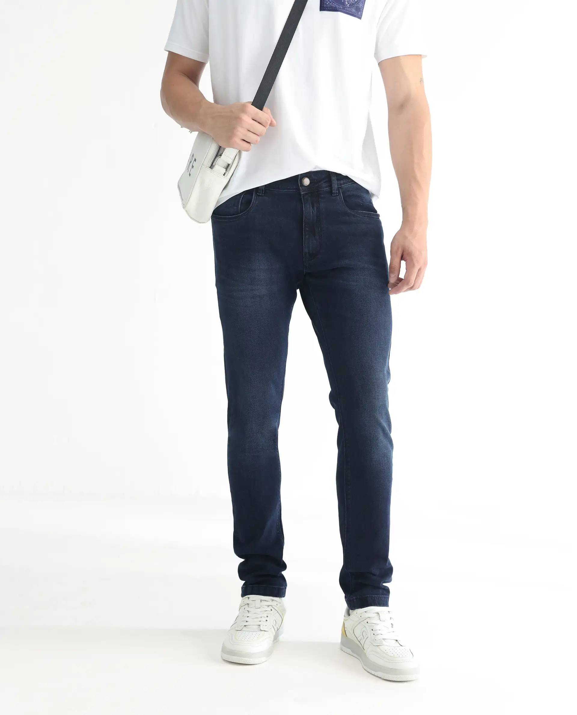 Rare Rabbit Men's Diep Flouroscent Blue Cotton Plain Hawk Slim Fit Jeans - Image 2