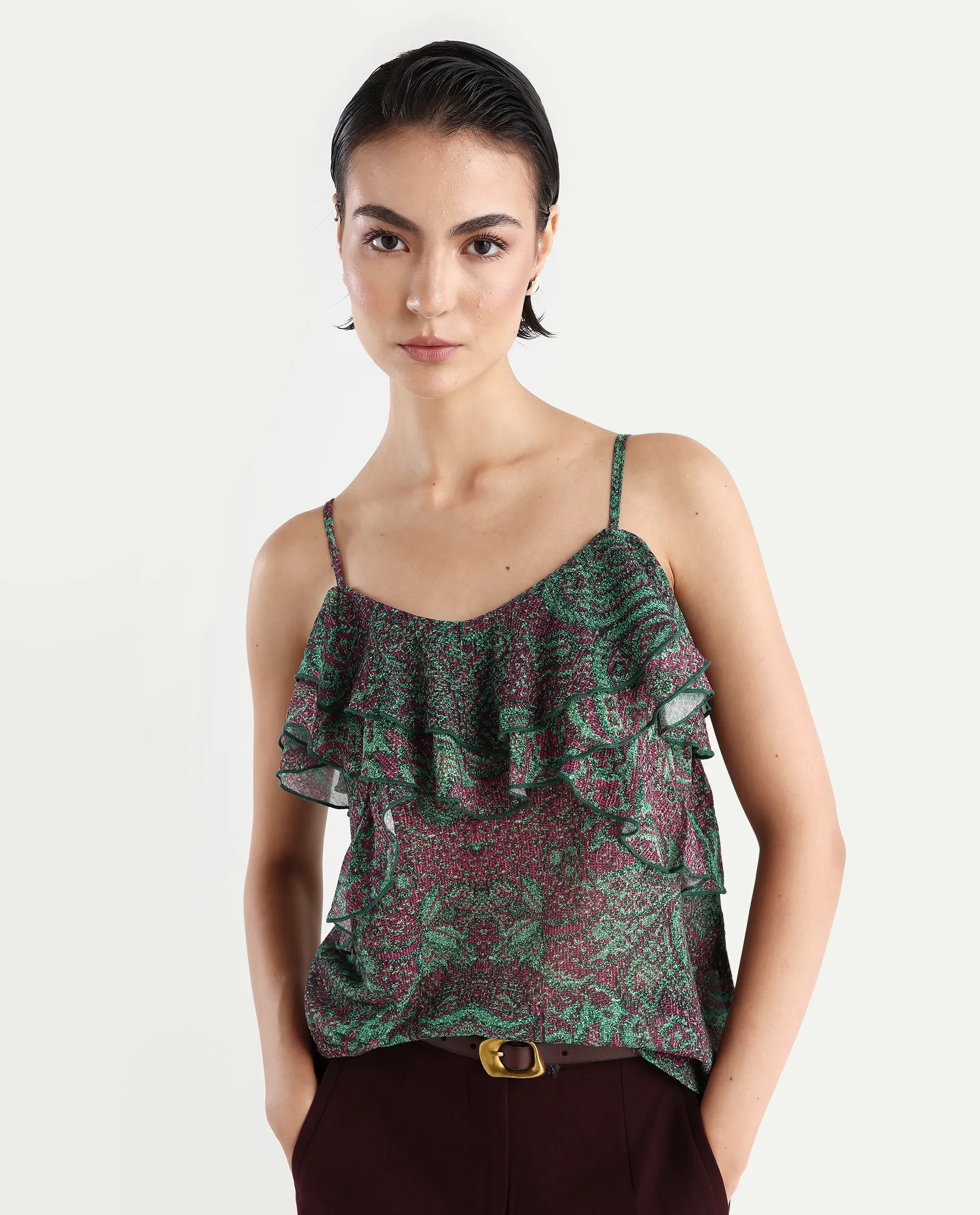 Rareism Women's Difi Dark Maroon Polyester V-Neck Abstract Print Sleeveless Regular Fit Top