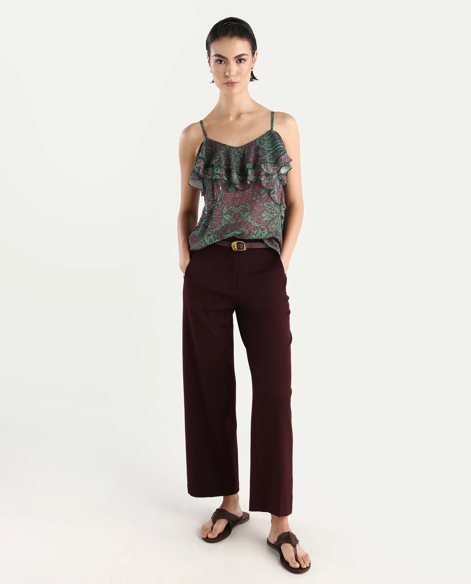 Rareism Women's Difi Dark Maroon Polyester V-Neck Abstract Print Sleeveless Regular Fit Top - Image 2