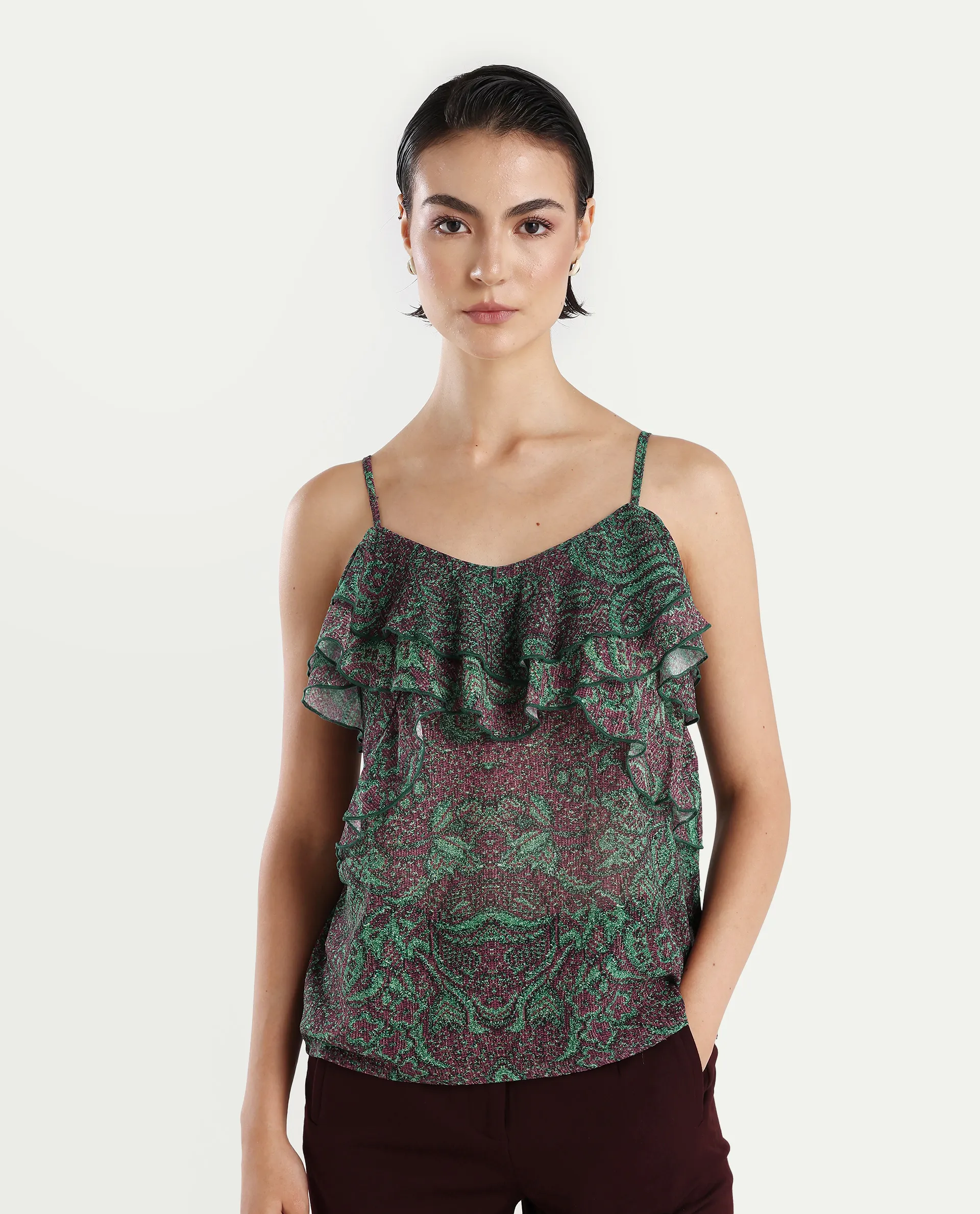 Rareism Women's Difi Dark Maroon Polyester V-Neck Abstract Print Sleeveless Regular Fit Top - Image 3
