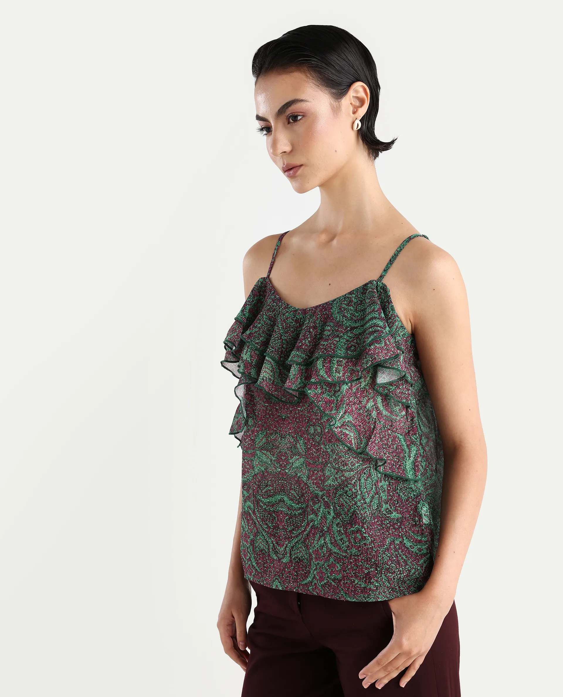 Rareism Women's Difi Dark Maroon Polyester V-Neck Abstract Print Sleeveless Regular Fit Top - Image 5