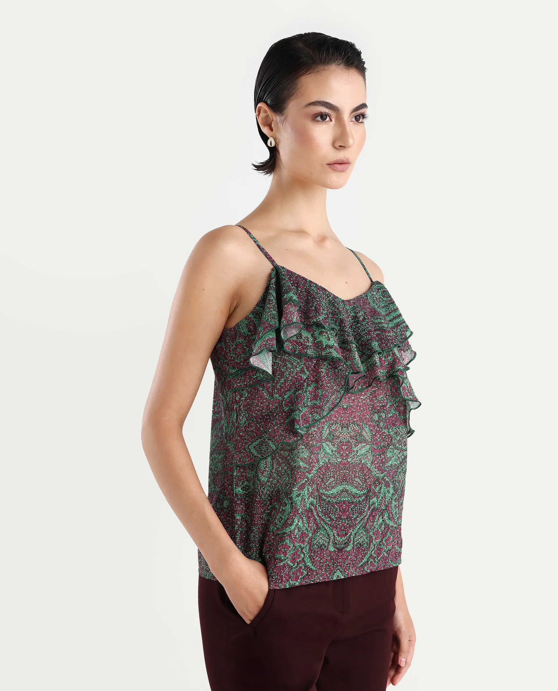 Rareism Women's Difi Dark Maroon Polyester V-Neck Abstract Print Sleeveless Regular Fit Top - Image 6