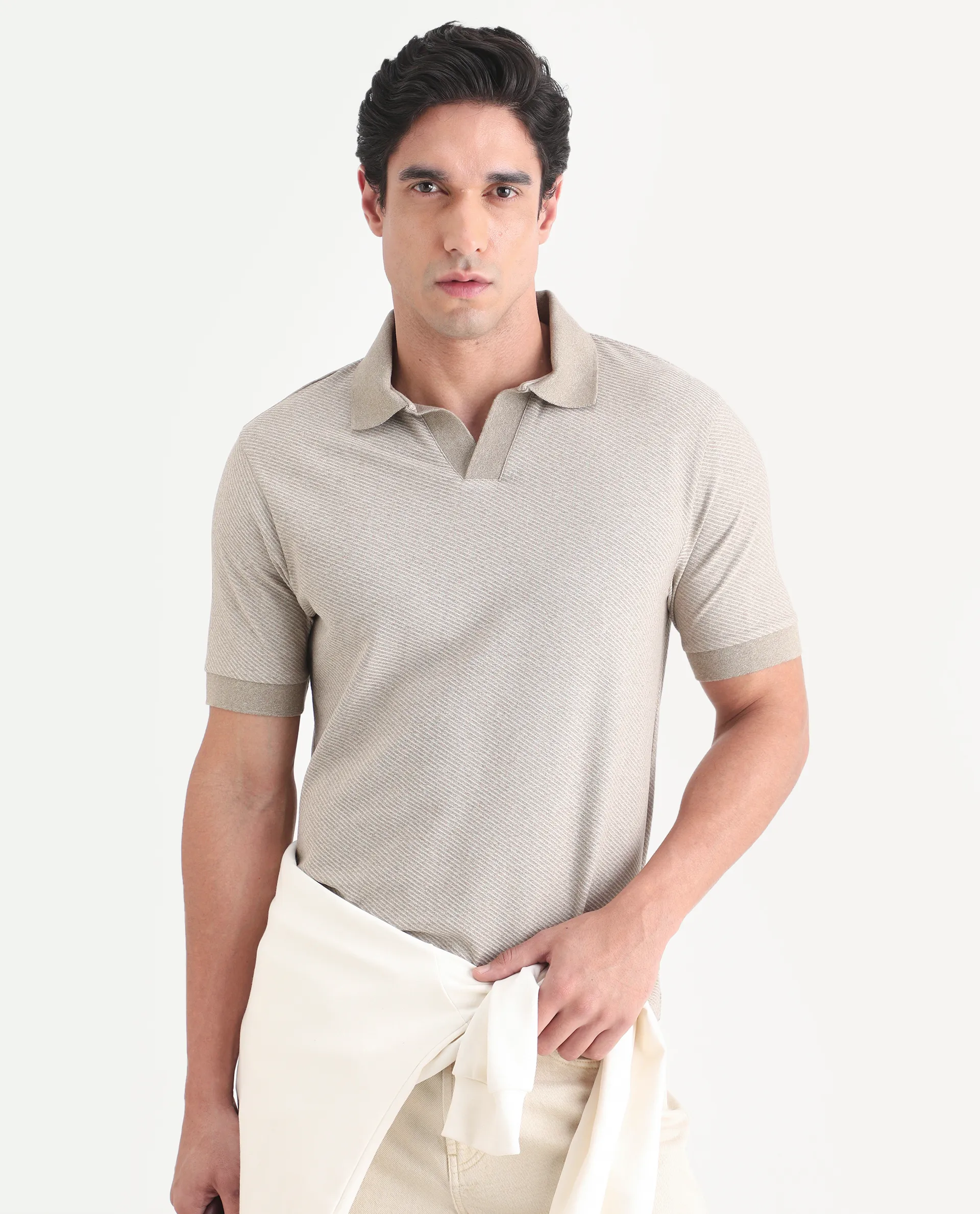 Rare Rabbit Men's Digi Beige Cotton Blend Fabric Half Sleeve Johnny Collar Regular Fit Plain Polo