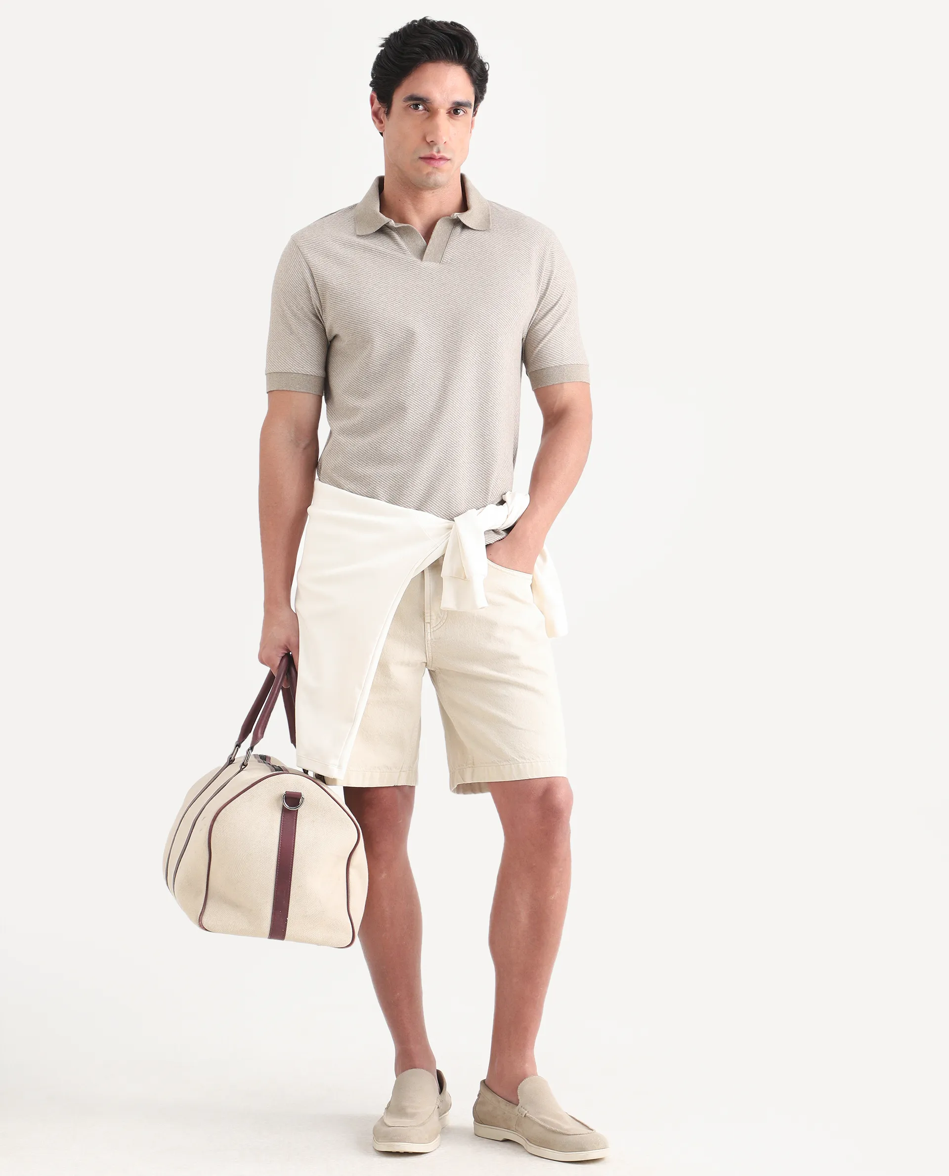 Rare Rabbit Men's Digi Beige Cotton Blend Fabric Half Sleeve Johnny Collar Regular Fit Plain Polo - Image 2