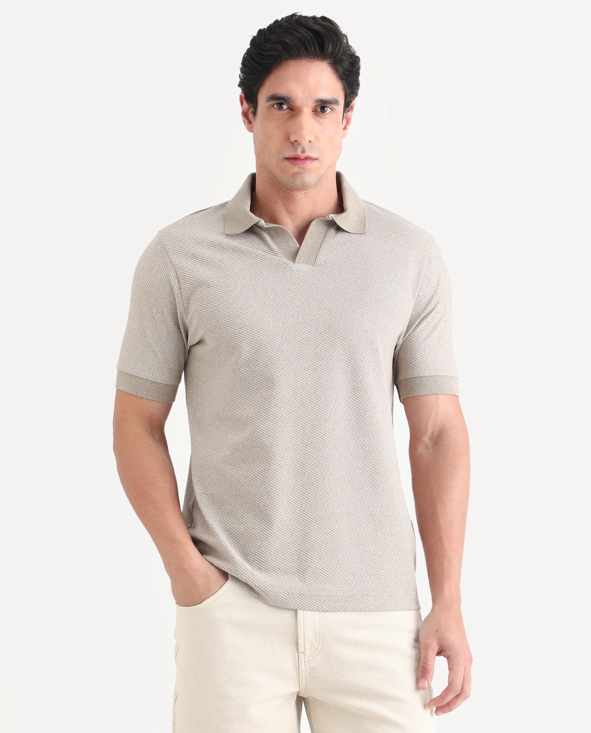 Rare Rabbit Men's Digi Beige Cotton Blend Fabric Half Sleeve Johnny Collar Regular Fit Plain Polo - Image 4