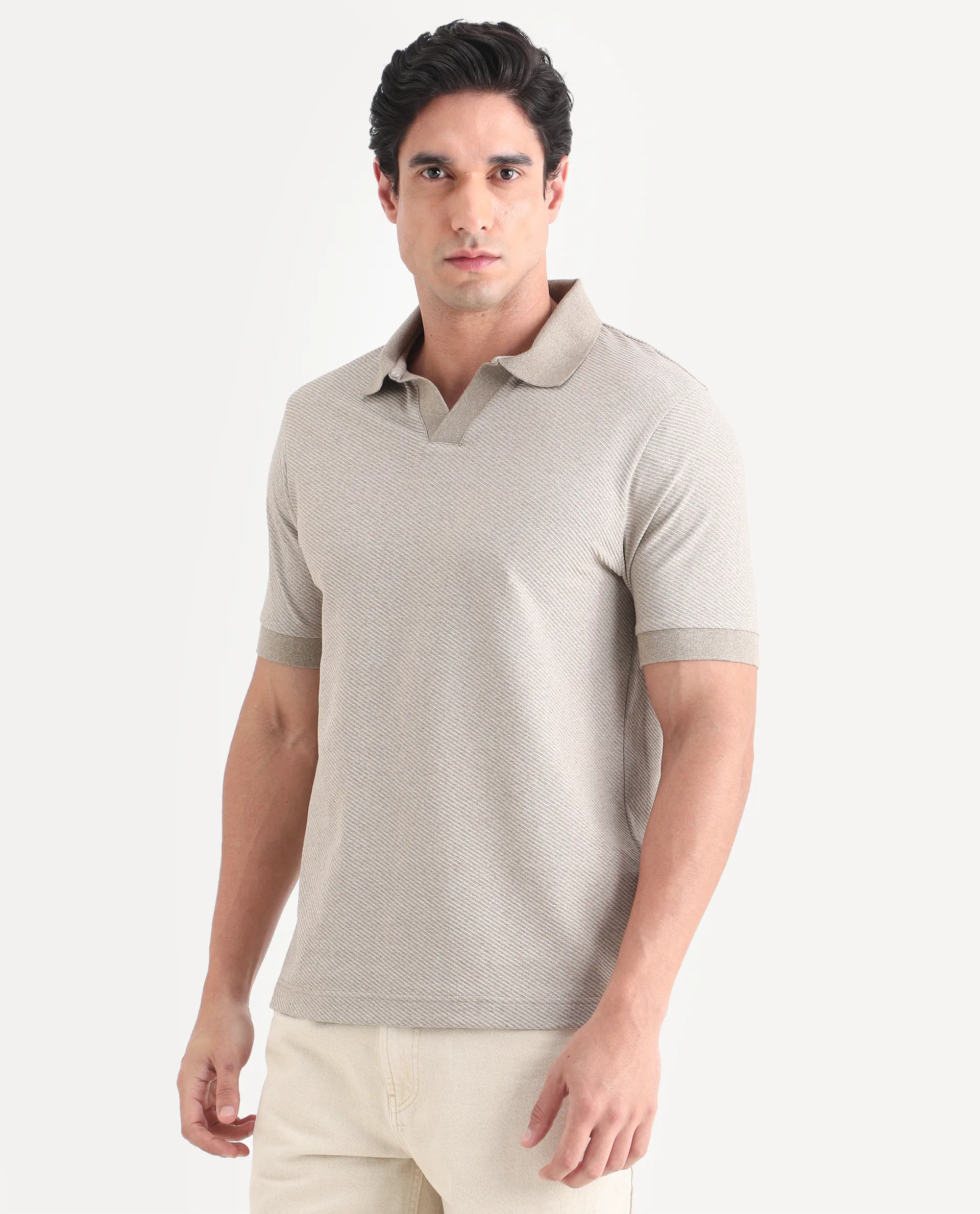 Rare Rabbit Men's Digi Beige Cotton Blend Fabric Half Sleeve Johnny Collar Regular Fit Plain Polo - Image 5