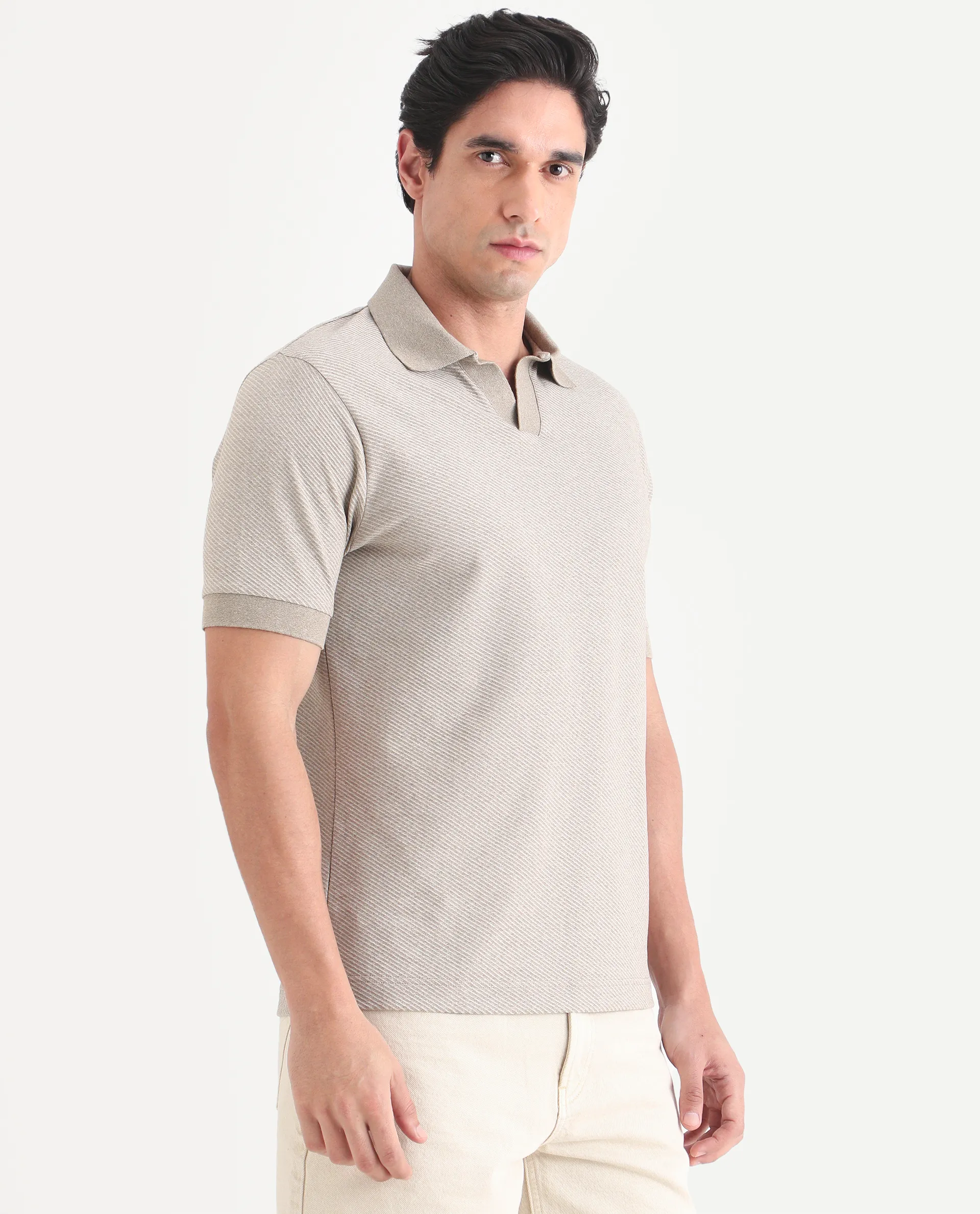 Rare Rabbit Men's Digi Beige Cotton Blend Fabric Half Sleeve Johnny Collar Regular Fit Plain Polo - Image 6