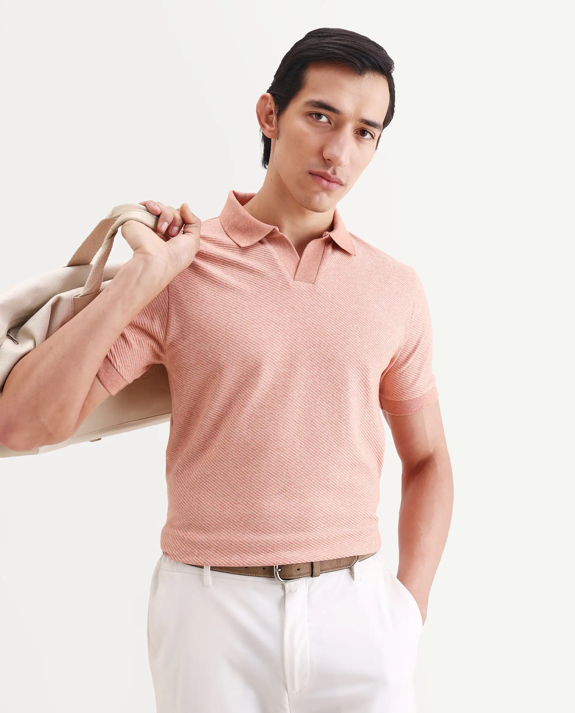Rare Rabbit Men's Digi Pastel Peach Cotton Blend Fabric Half Sleeve Jonny Collar Regular Fit Plain Polo