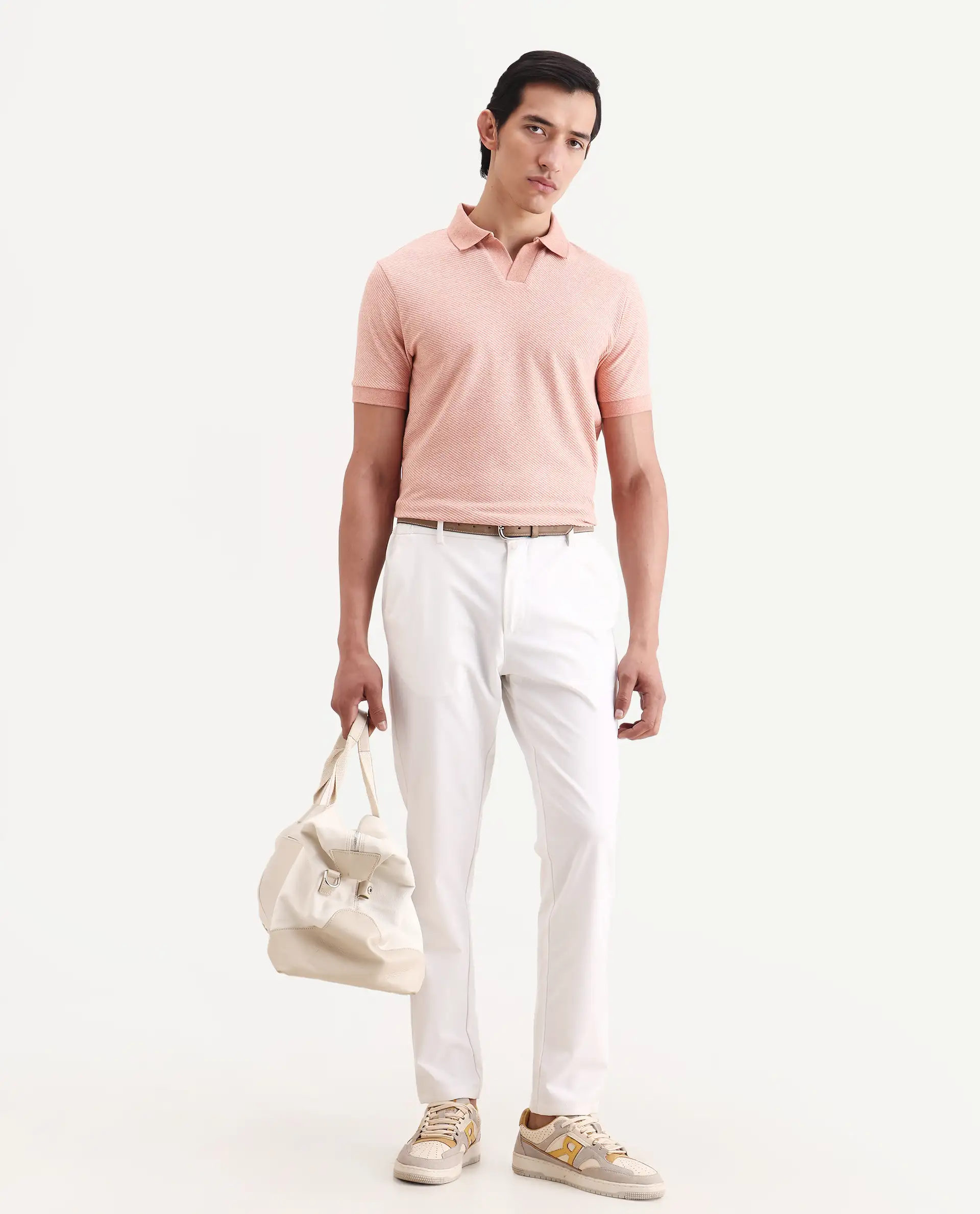 Rare Rabbit Men's Digi Pastel Peach Cotton Blend Fabric Half Sleeve Jonny Collar Regular Fit Plain Polo - Image 2