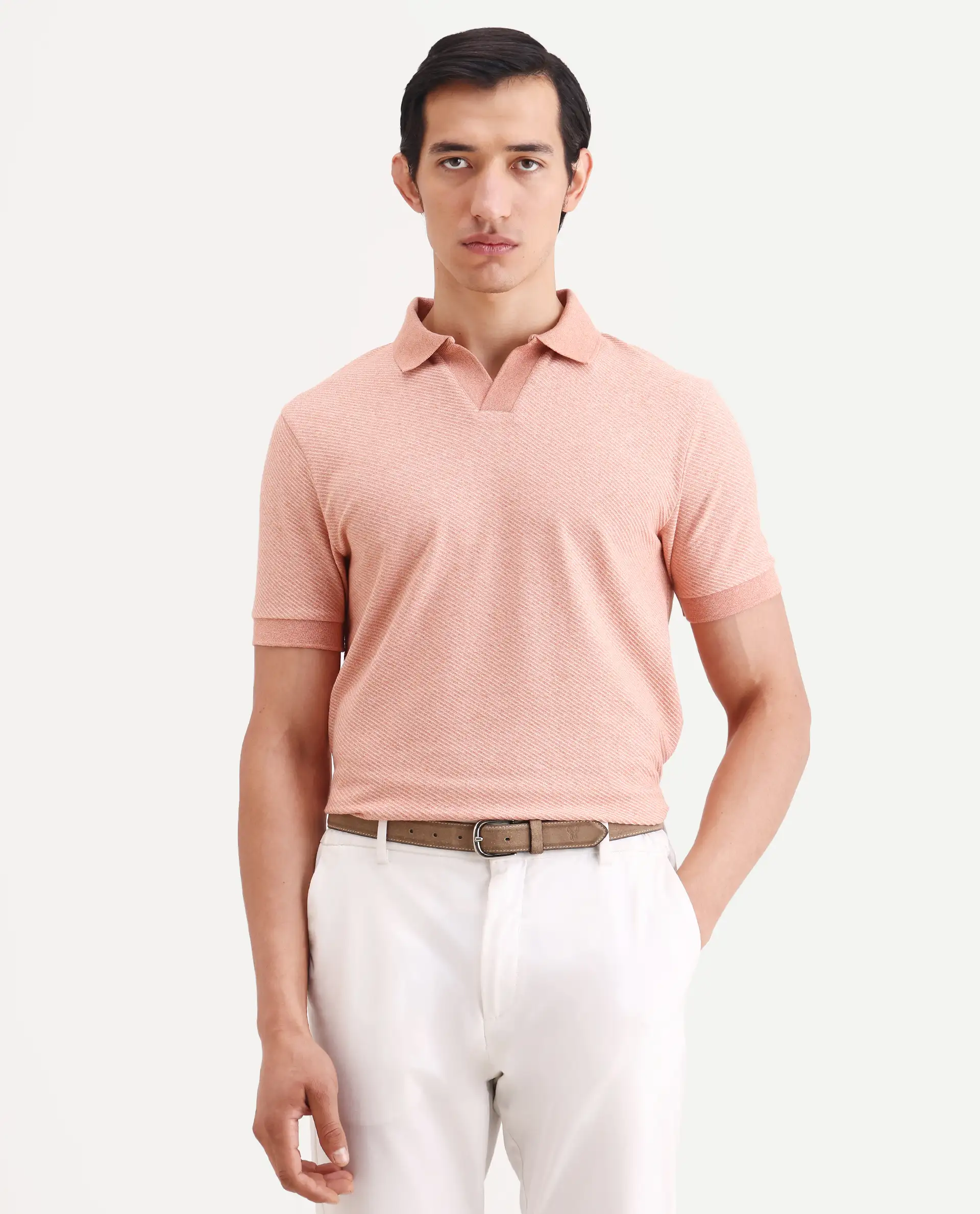 Rare Rabbit Men's Digi Pastel Peach Cotton Blend Fabric Half Sleeve Jonny Collar Regular Fit Plain Polo - Image 5