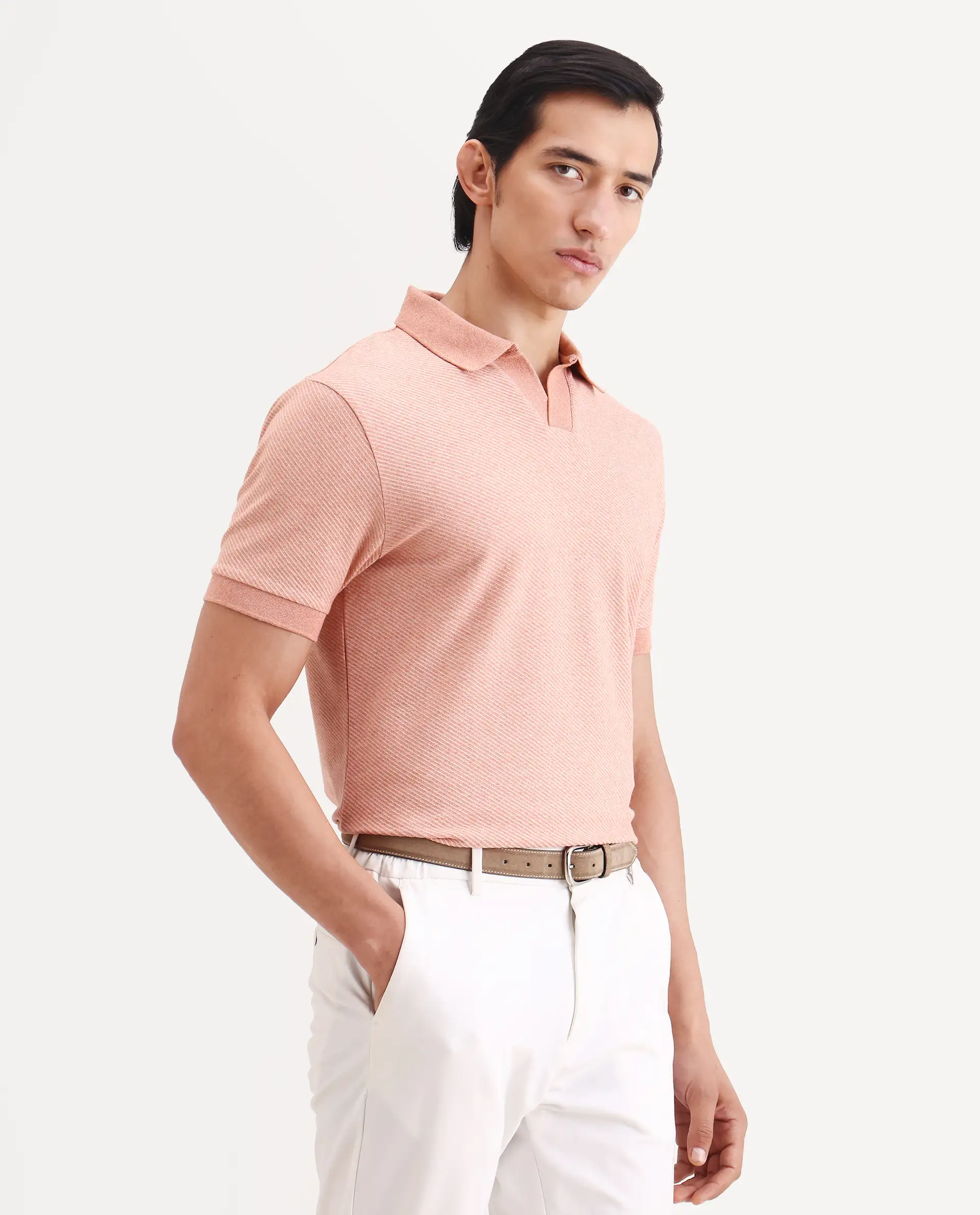 Rare Rabbit Men's Digi Pastel Peach Cotton Blend Fabric Half Sleeve Jonny Collar Regular Fit Plain Polo - Image 6