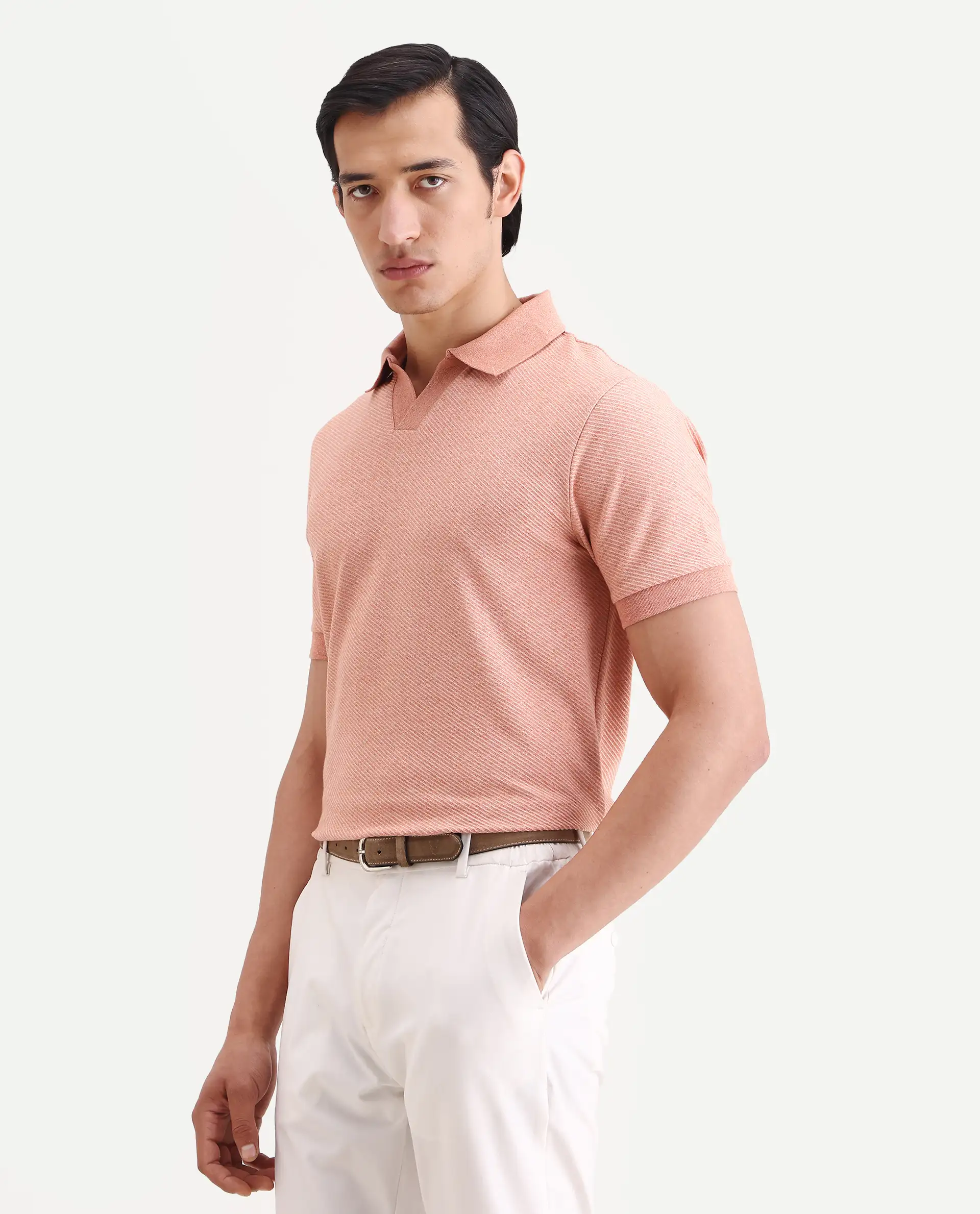 Rare Rabbit Men's Digi Pastel Peach Cotton Blend Fabric Half Sleeve Jonny Collar Regular Fit Plain Polo - Image 7