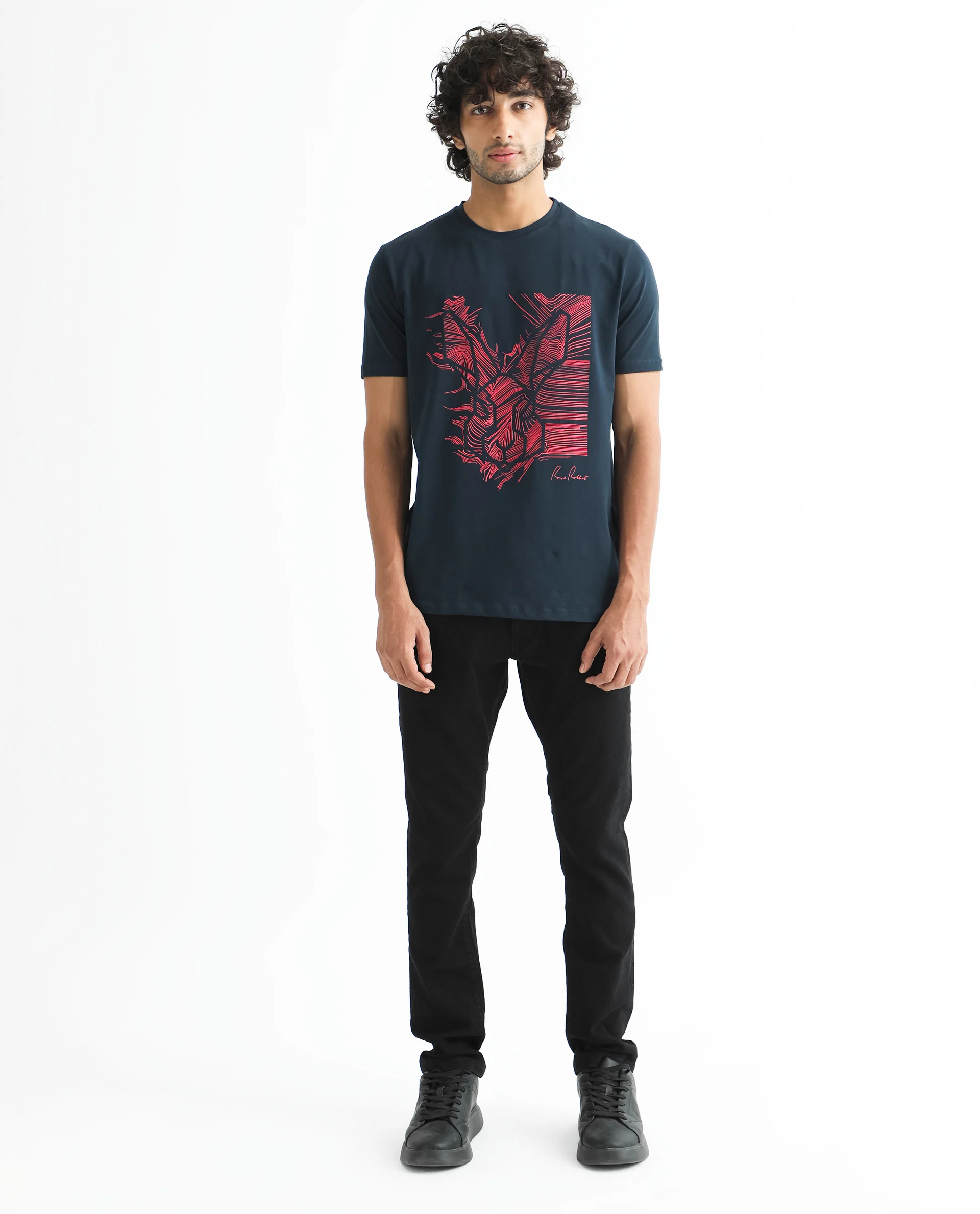 Rare Rabbit Men's Digiwaves 2 Navy Cotton Graphic Print Slim Fit Half Sleeve Crew Neck T-Shirt - Image 2