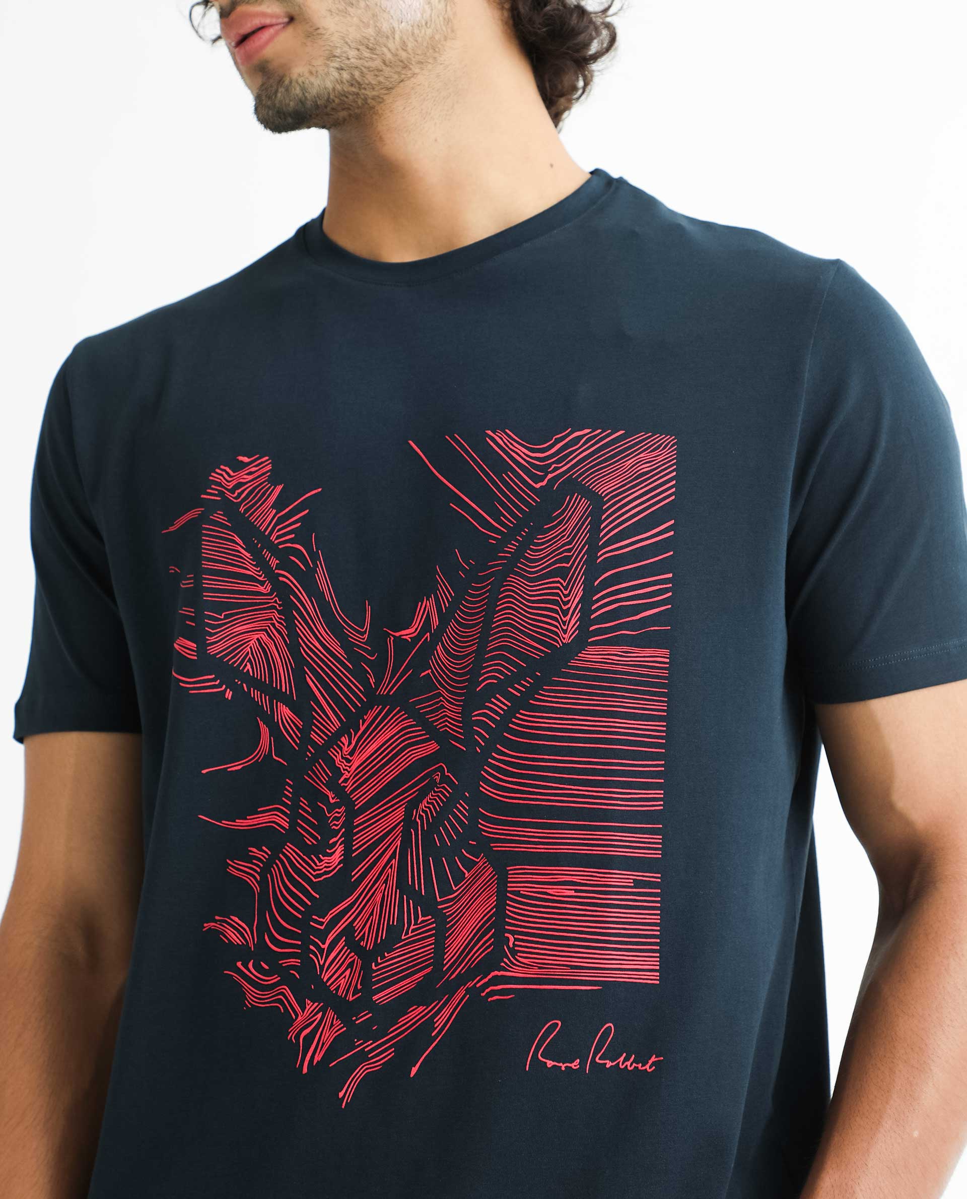 Rare Rabbit Men's Digiwaves 2 Navy Cotton Graphic Print Slim Fit Half Sleeve Crew Neck T-Shirt - Image 3
