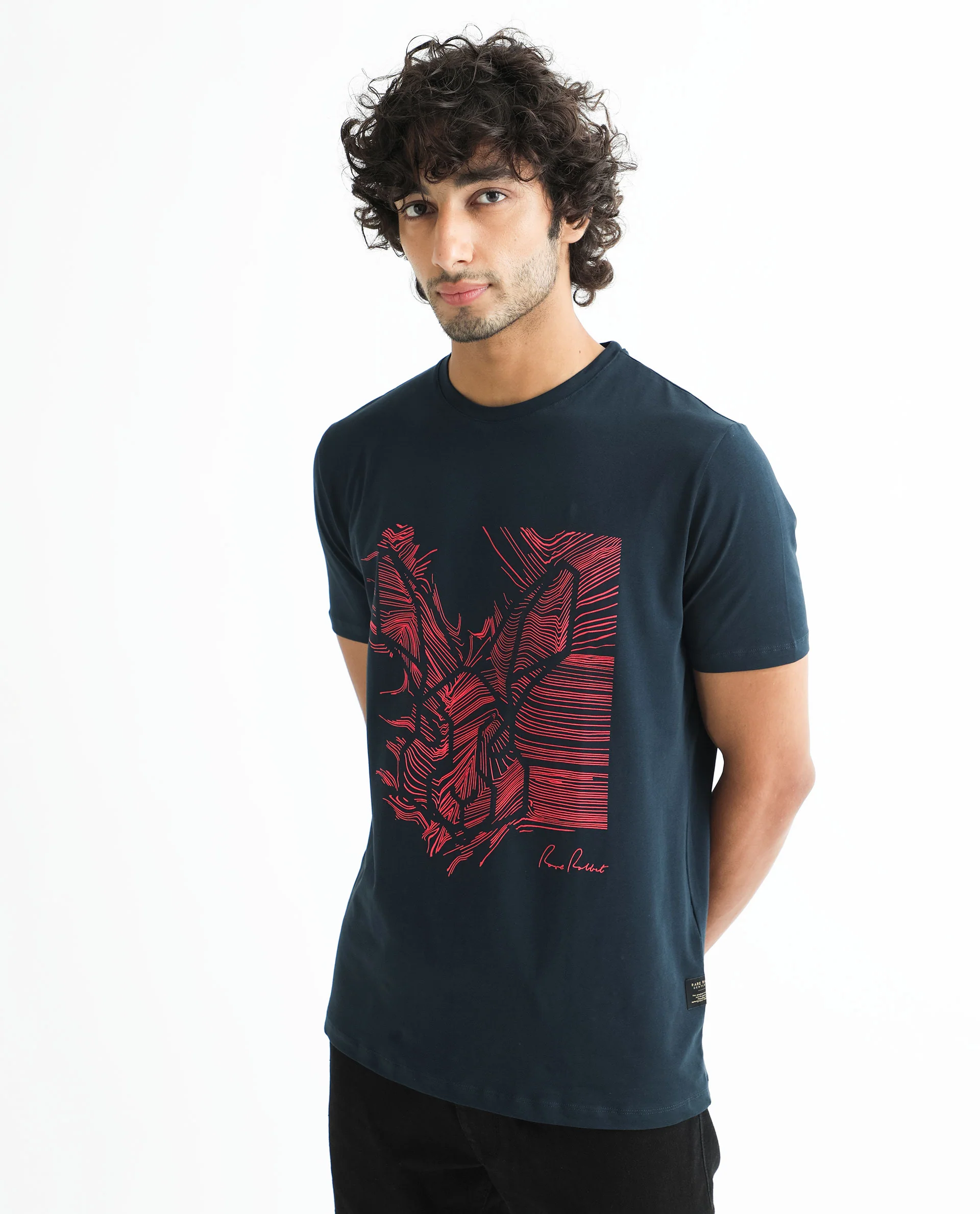Rare Rabbit Men's Digiwaves 2 Navy Cotton Graphic Print Slim Fit Half Sleeve Crew Neck T-Shirt - Image 4