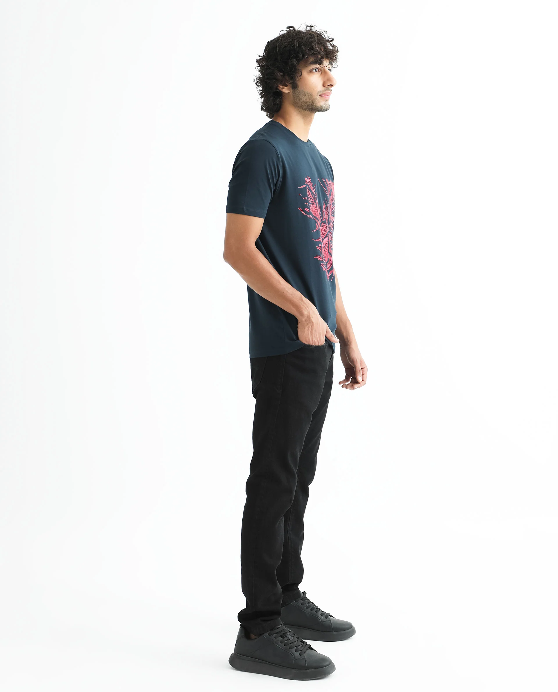 Rare Rabbit Men's Digiwaves 2 Navy Cotton Graphic Print Slim Fit Half Sleeve Crew Neck T-Shirt - Image 5