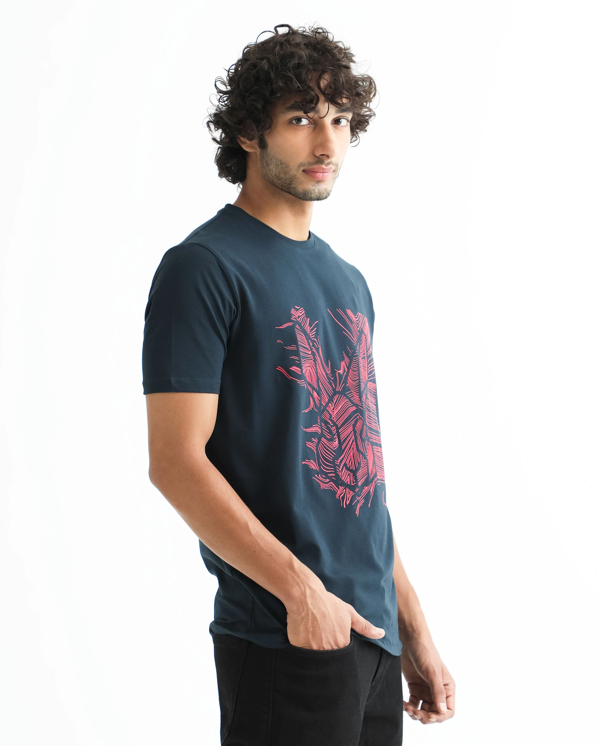 Rare Rabbit Men's Digiwaves 2 Navy Cotton Graphic Print Slim Fit Half Sleeve Crew Neck T-Shirt - Image 6