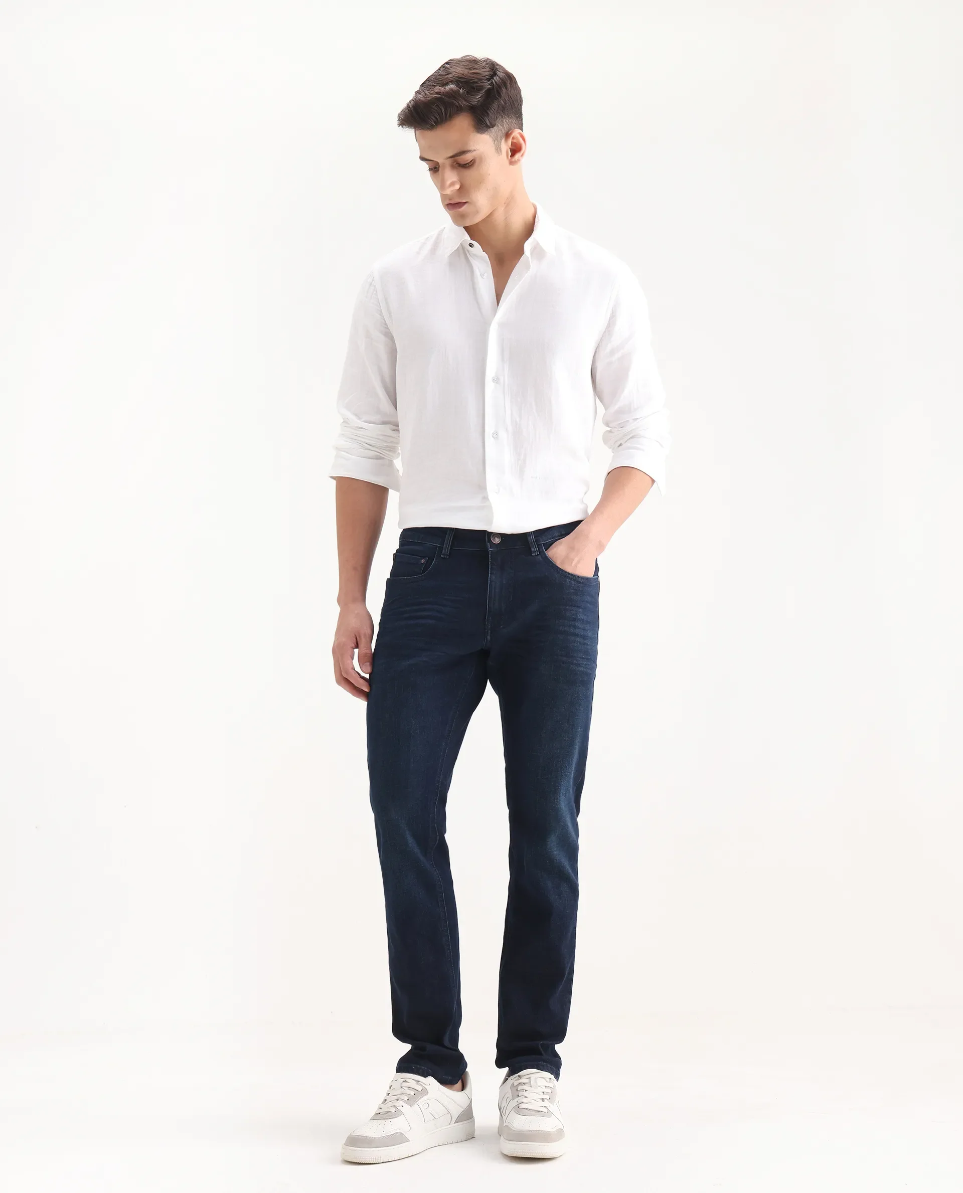 Rare Rabbit Men's Digo Dark Navy Cotton Blend Plain Hawk Slim Fit Jeans - Image 4