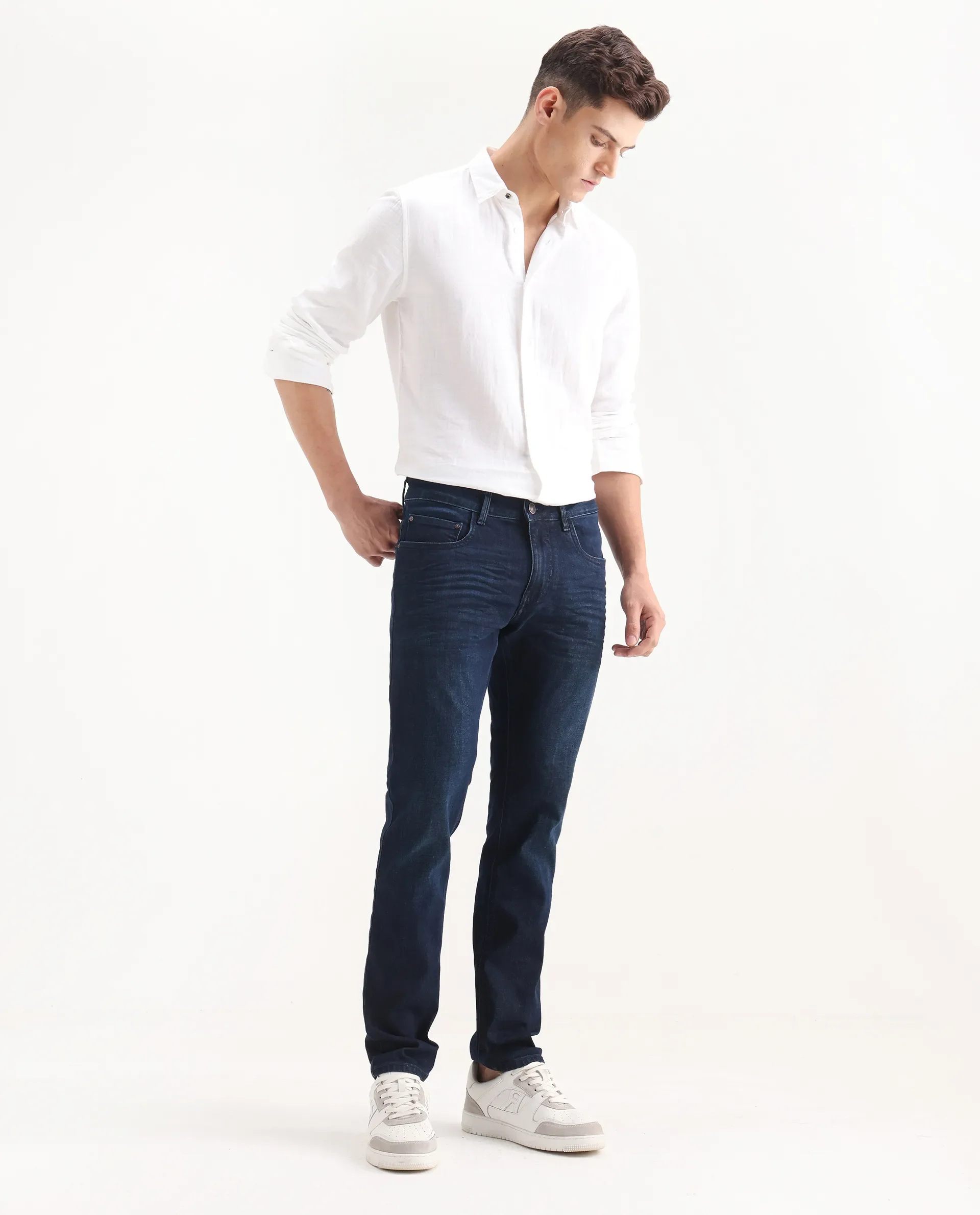 Rare Rabbit Men's Digo Dark Navy Cotton Blend Plain Hawk Slim Fit Jeans - Image 6