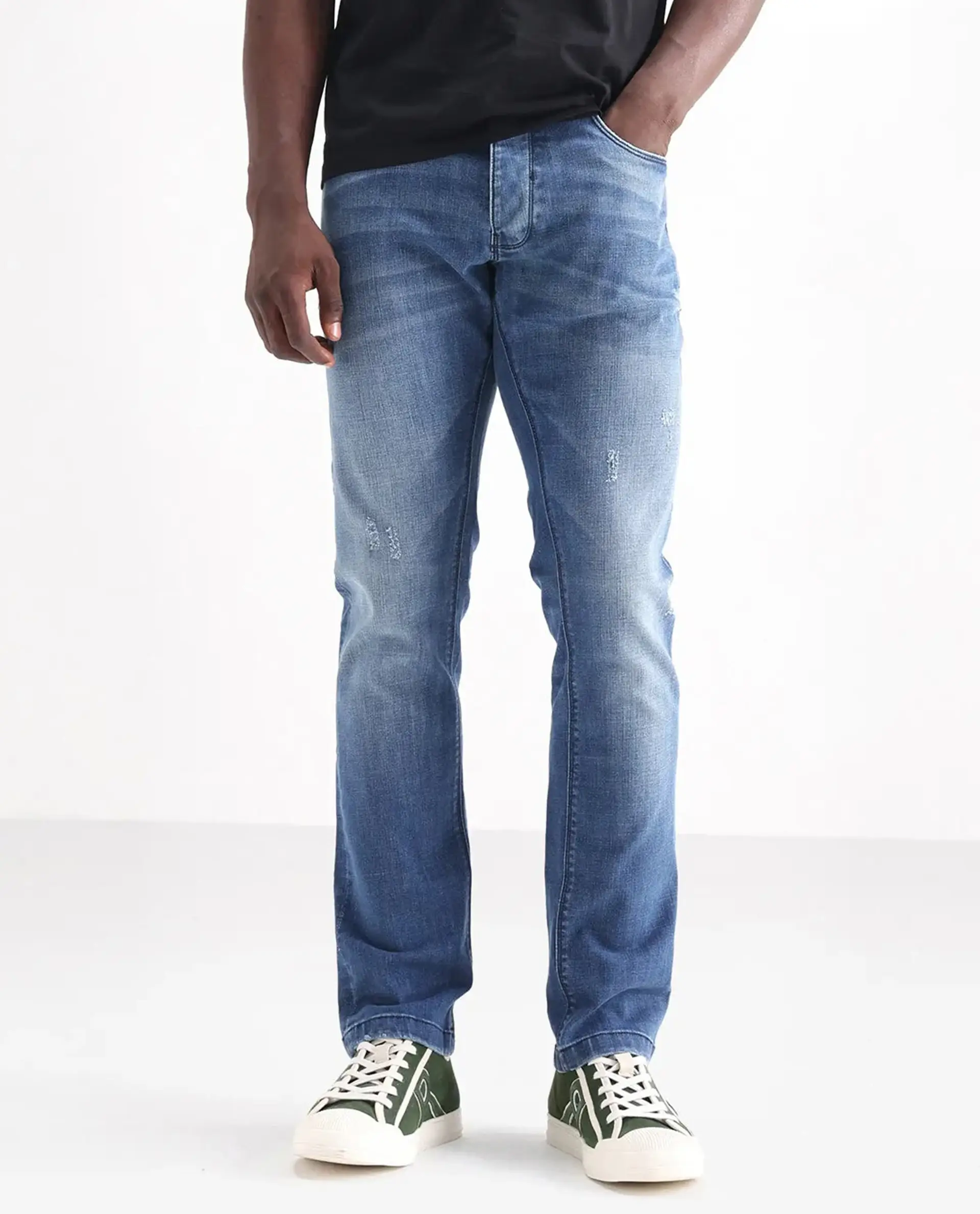 Rare Rabbit Men's Dijon Blue Cotton Plain Hawk Slim Fit Jeans - Image 10