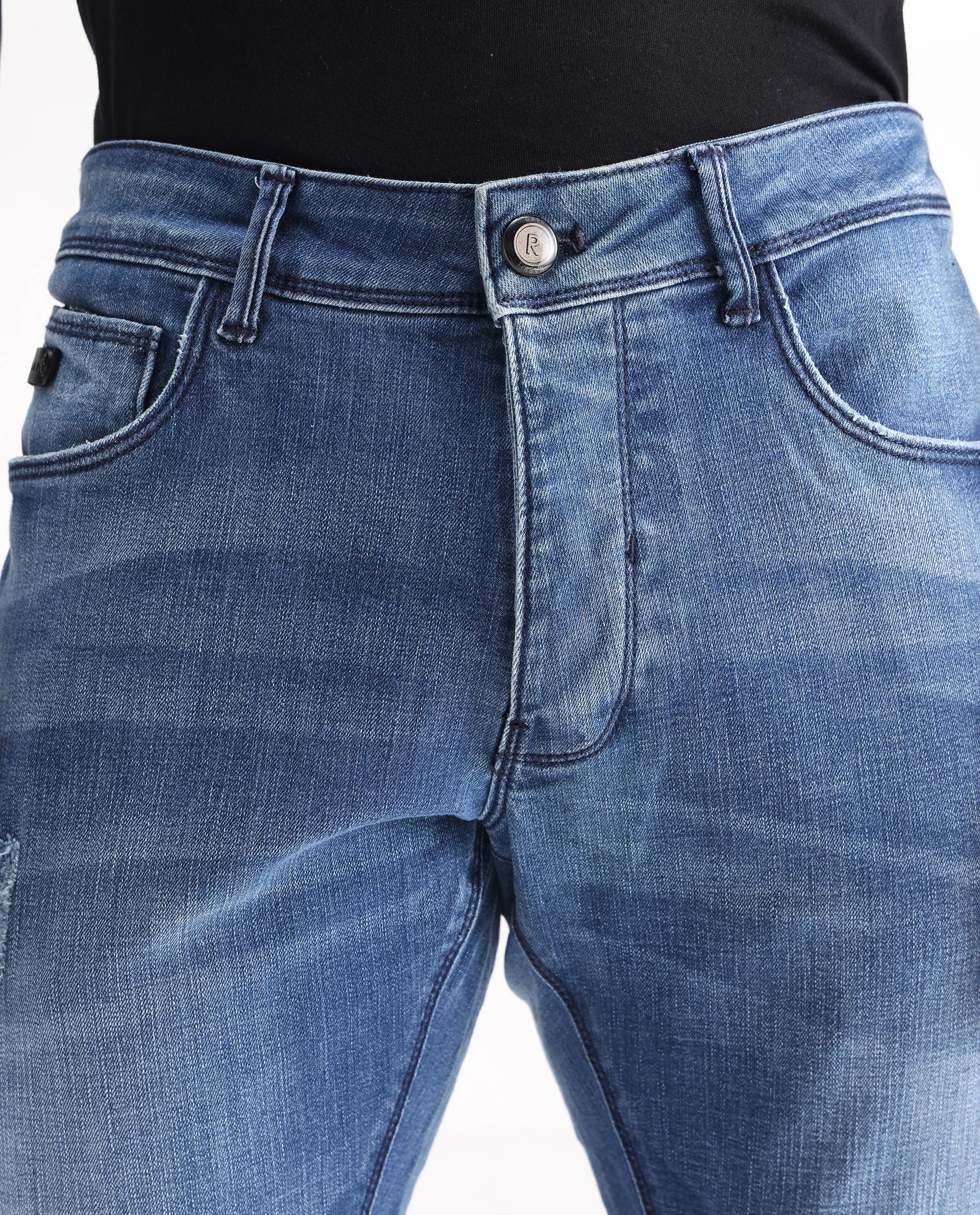 Rare Rabbit Men's Dijon Blue Cotton Plain Hawk Slim Fit Jeans - Image 3