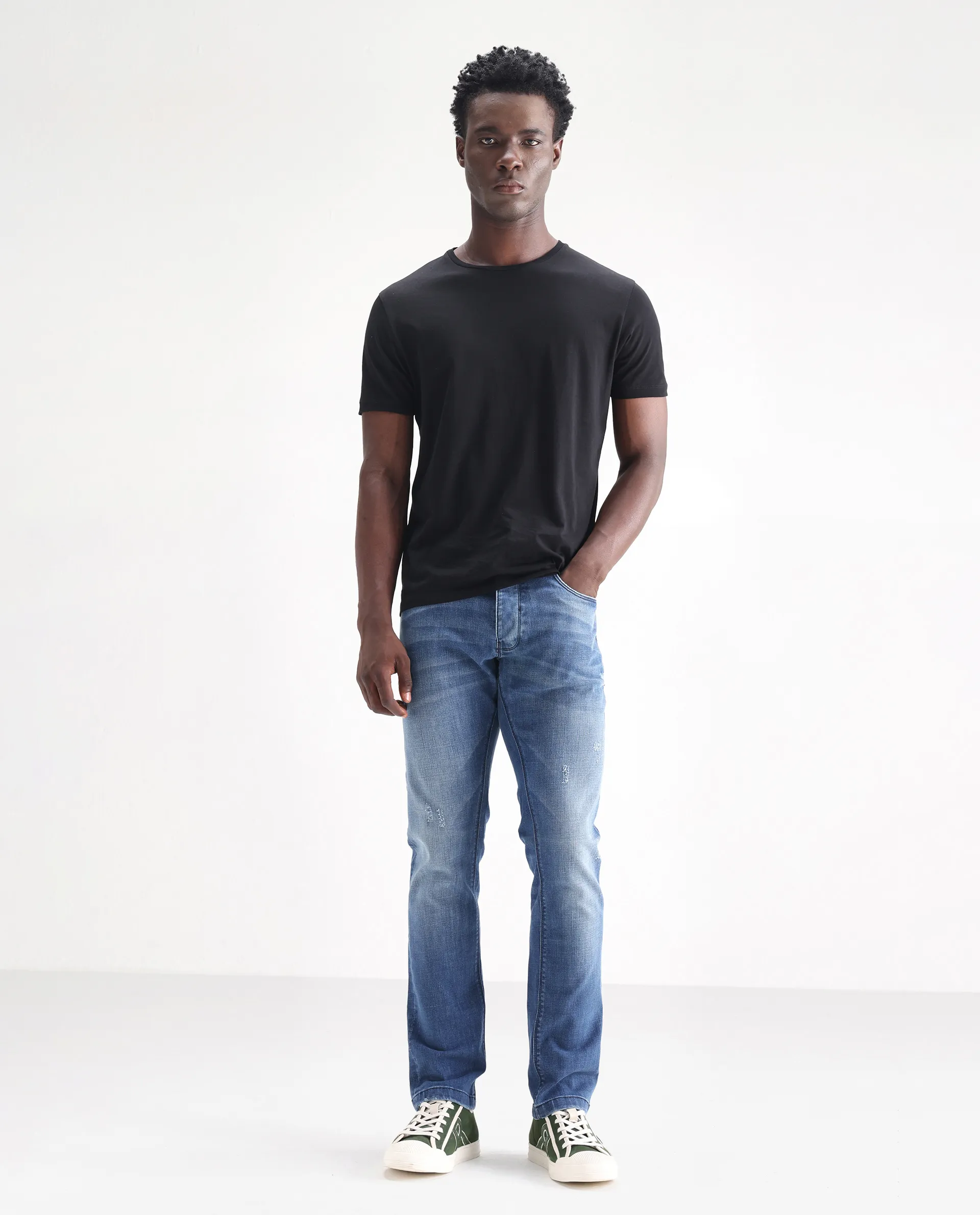 Rare Rabbit Men's Dijon Blue Cotton Plain Hawk Slim Fit Jeans - Image 5