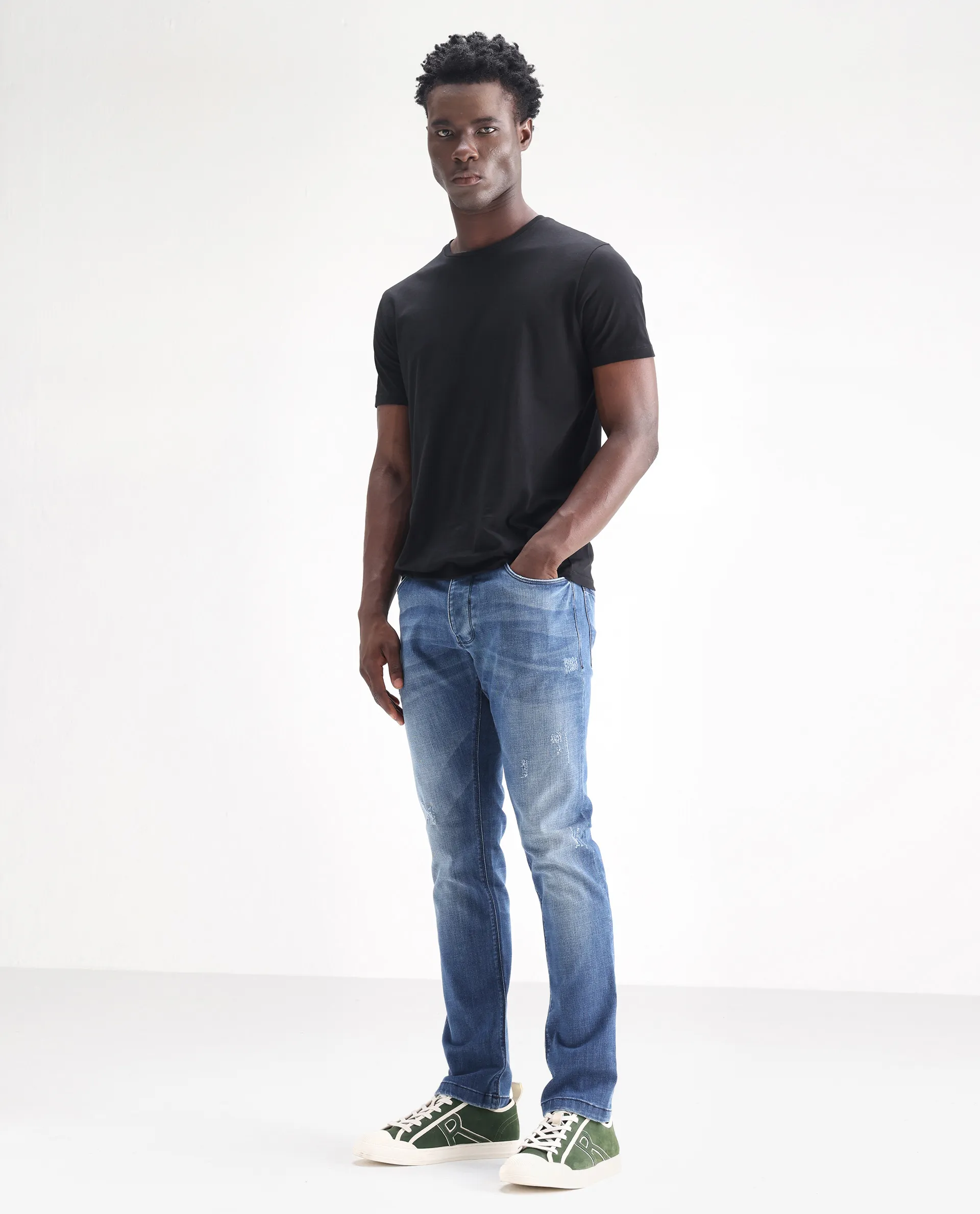 Rare Rabbit Men's Dijon Blue Cotton Plain Hawk Slim Fit Jeans - Image 7