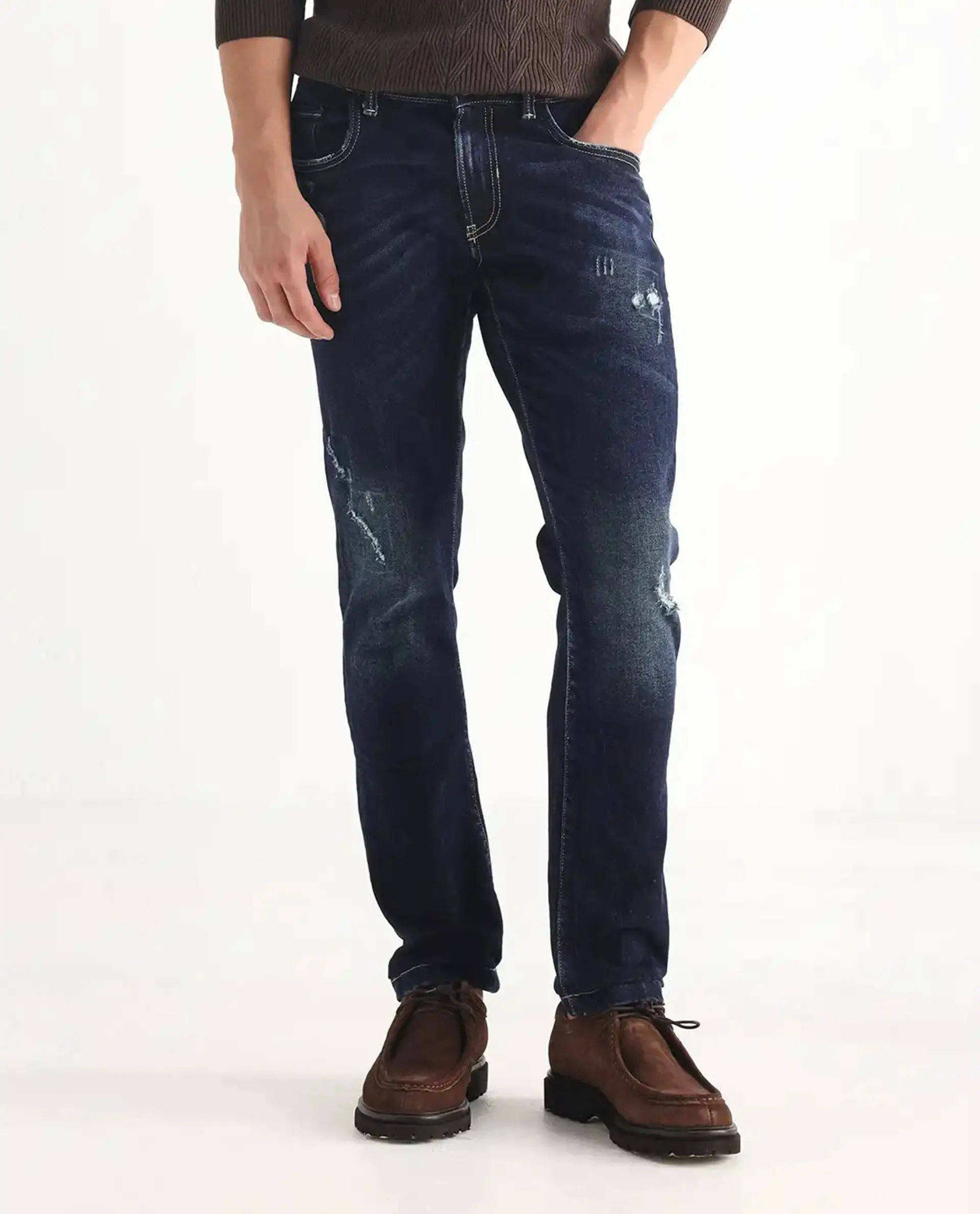 Rare Rabbit Men's Dili Dusky Navy Cotton Blend Plain Hawk Slim Fit Jeans - Image 10