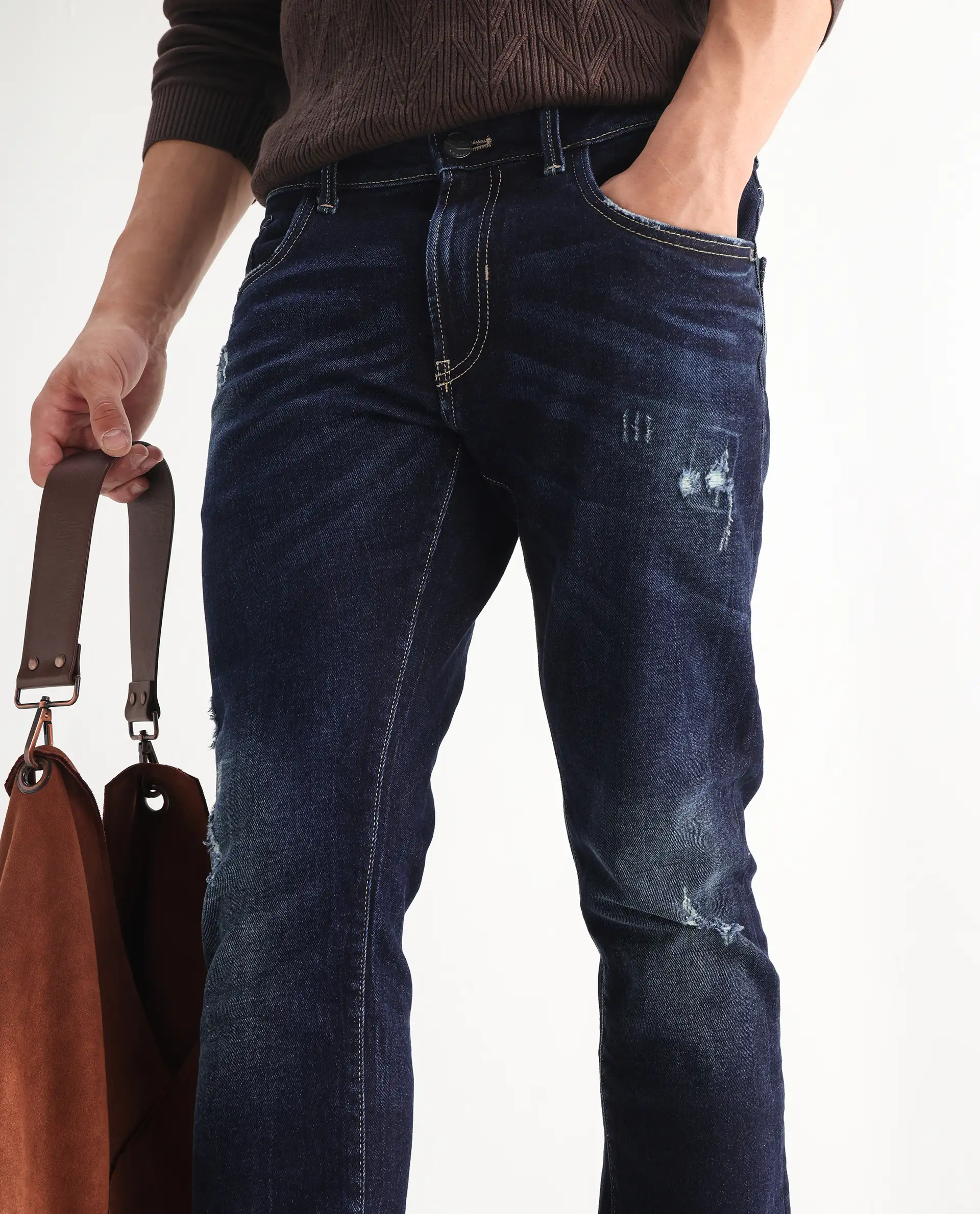 Rare Rabbit Men's Dili Dusky Navy Cotton Blend Plain Hawk Slim Fit Jeans - Image 2