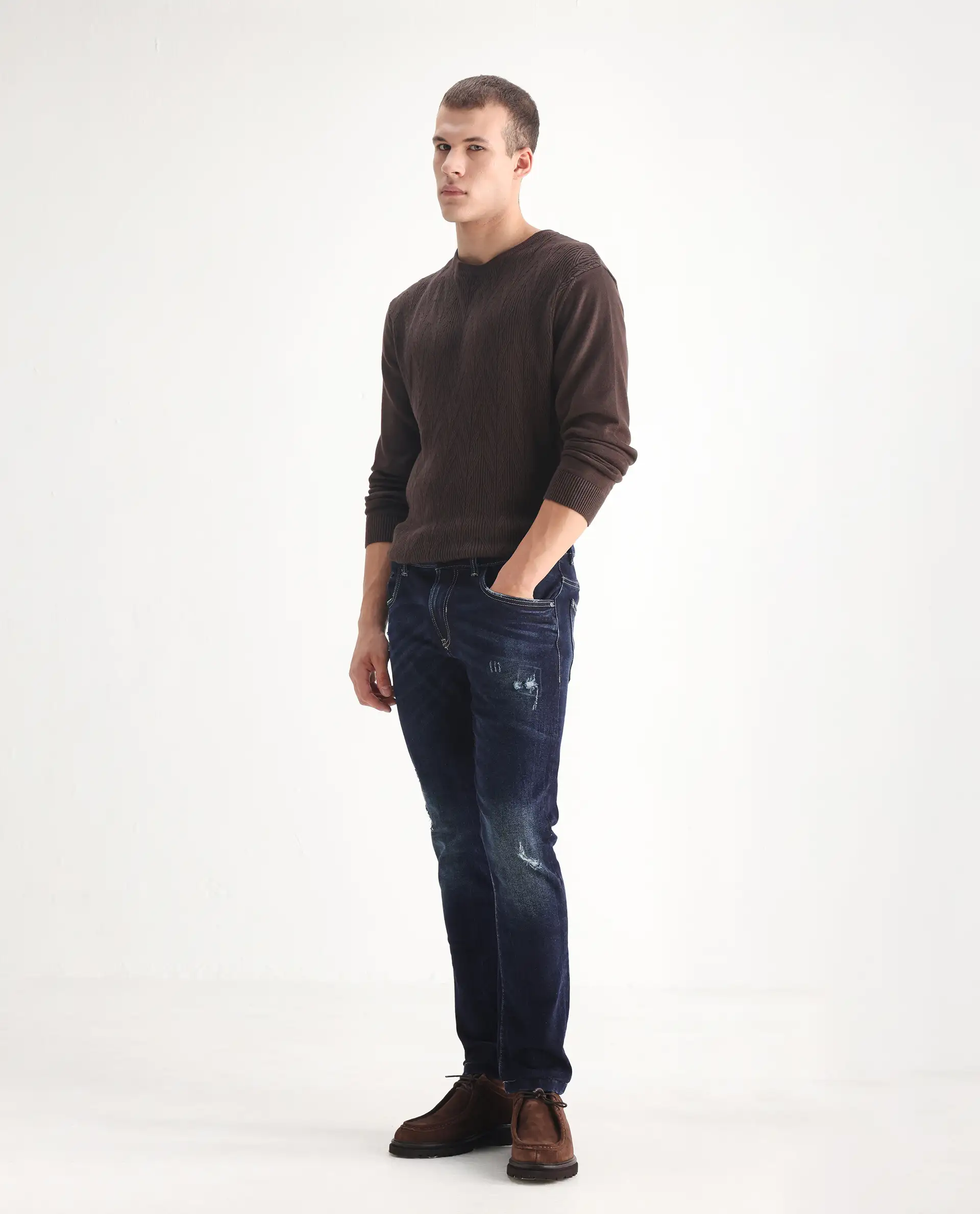 Rare Rabbit Men's Dili Dusky Navy Cotton Blend Plain Hawk Slim Fit Jeans - Image 3
