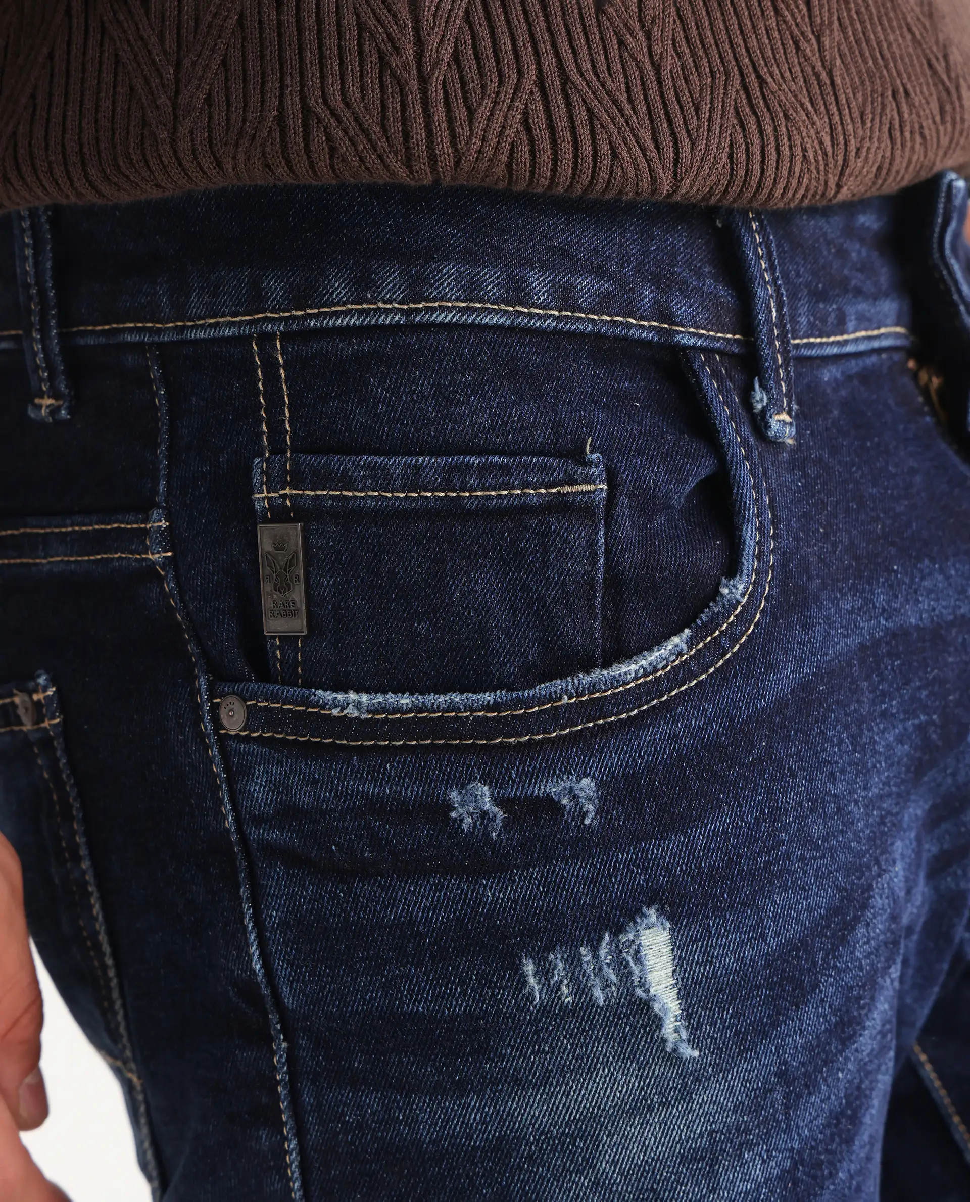Rare Rabbit Men's Dili Dusky Navy Cotton Blend Plain Hawk Slim Fit Jeans - Image 4